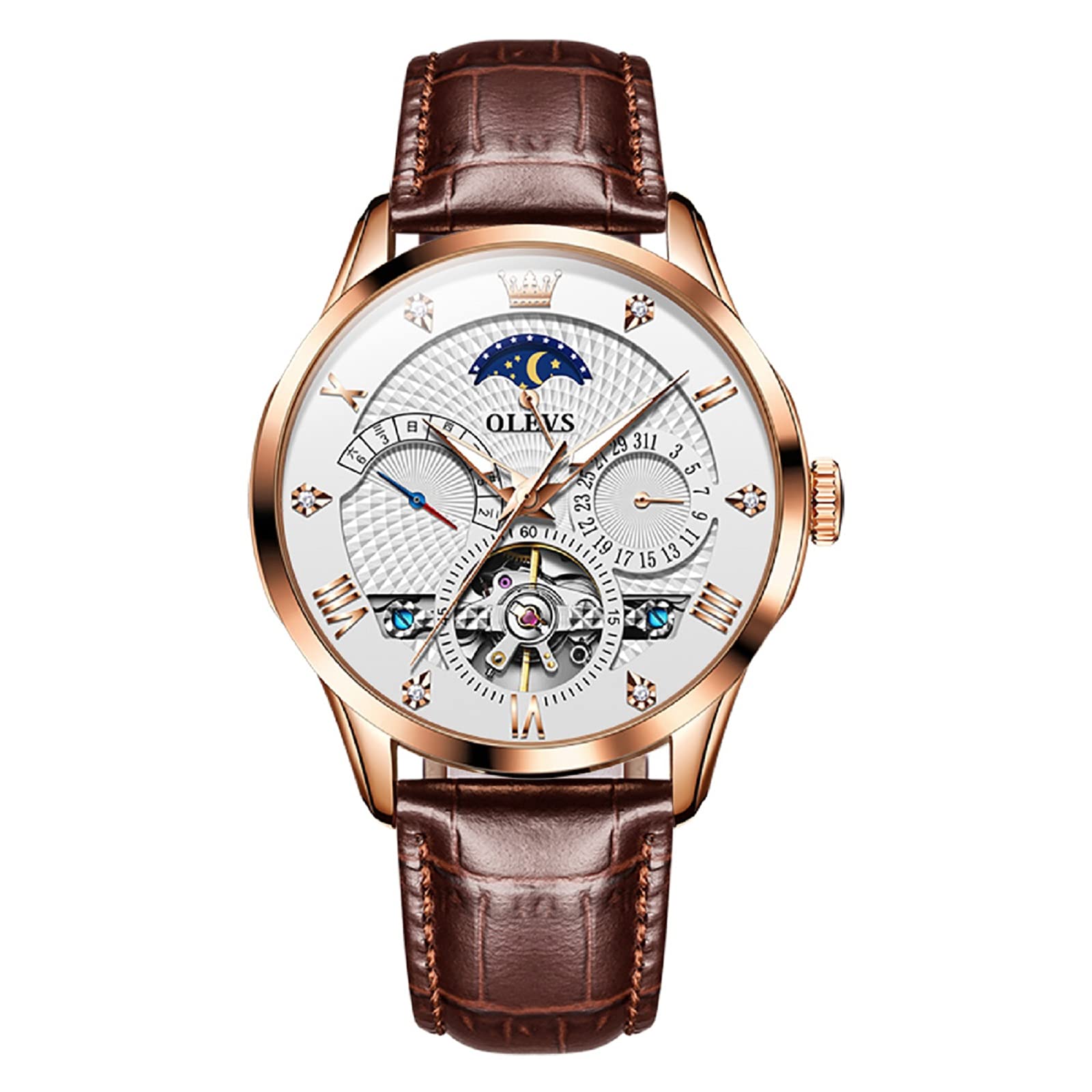 OLEVS Men's Automatic Watch - Multi-Function Mechanical Waterproof Business Chronograph with Stainless Steel Case & Genuine Leather Strap, Day Date Display & Luminous Hands - Perfect for Office, Formal Events & Everyday Wear