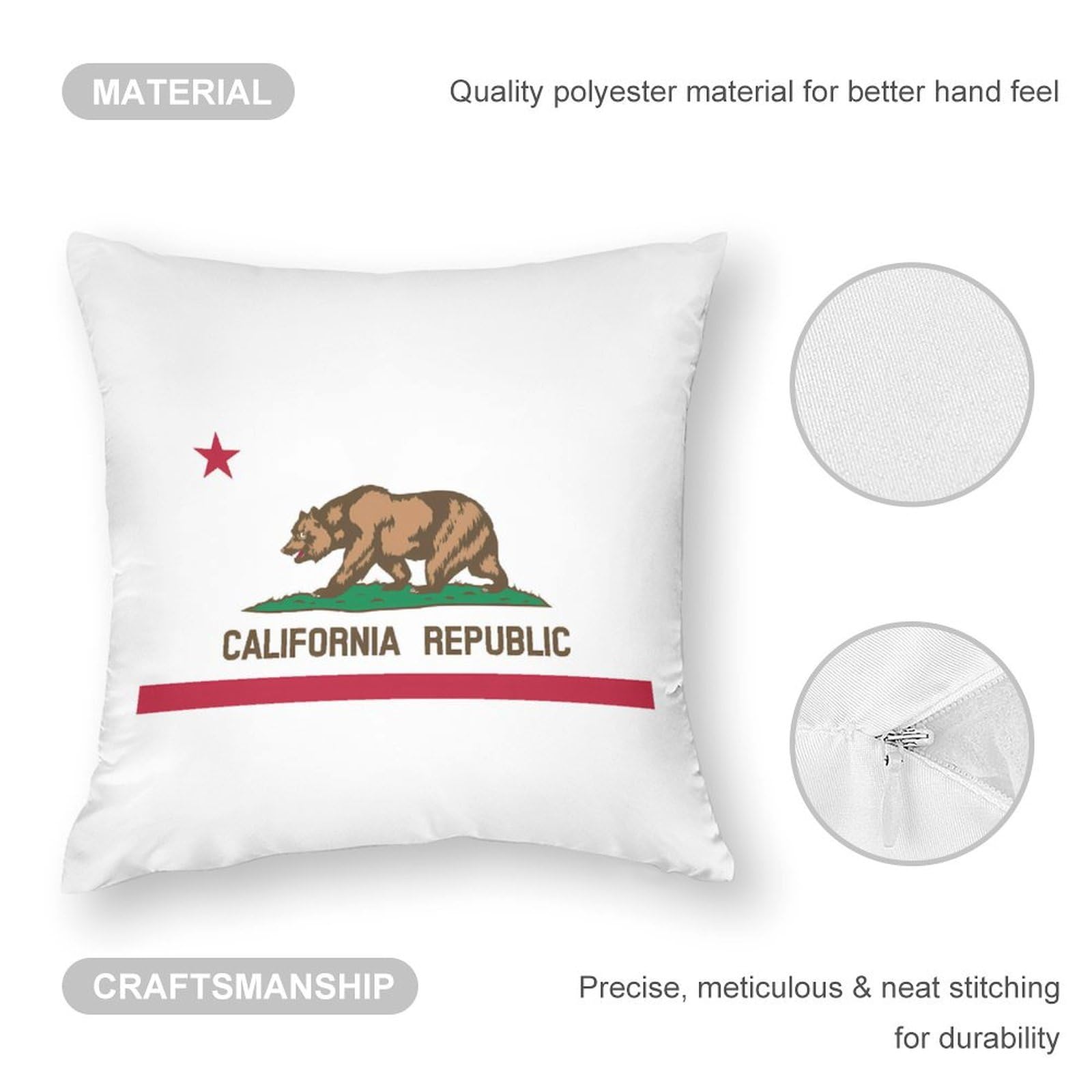 California Bear Flag Polyester Pillow Cases - Soft 14x14 Inch Decorative Pillow Covers for Sofa, Bed & Home Decor | Durable & Smooth Cushion Covers for Living Room, Office & Outdoor Use
