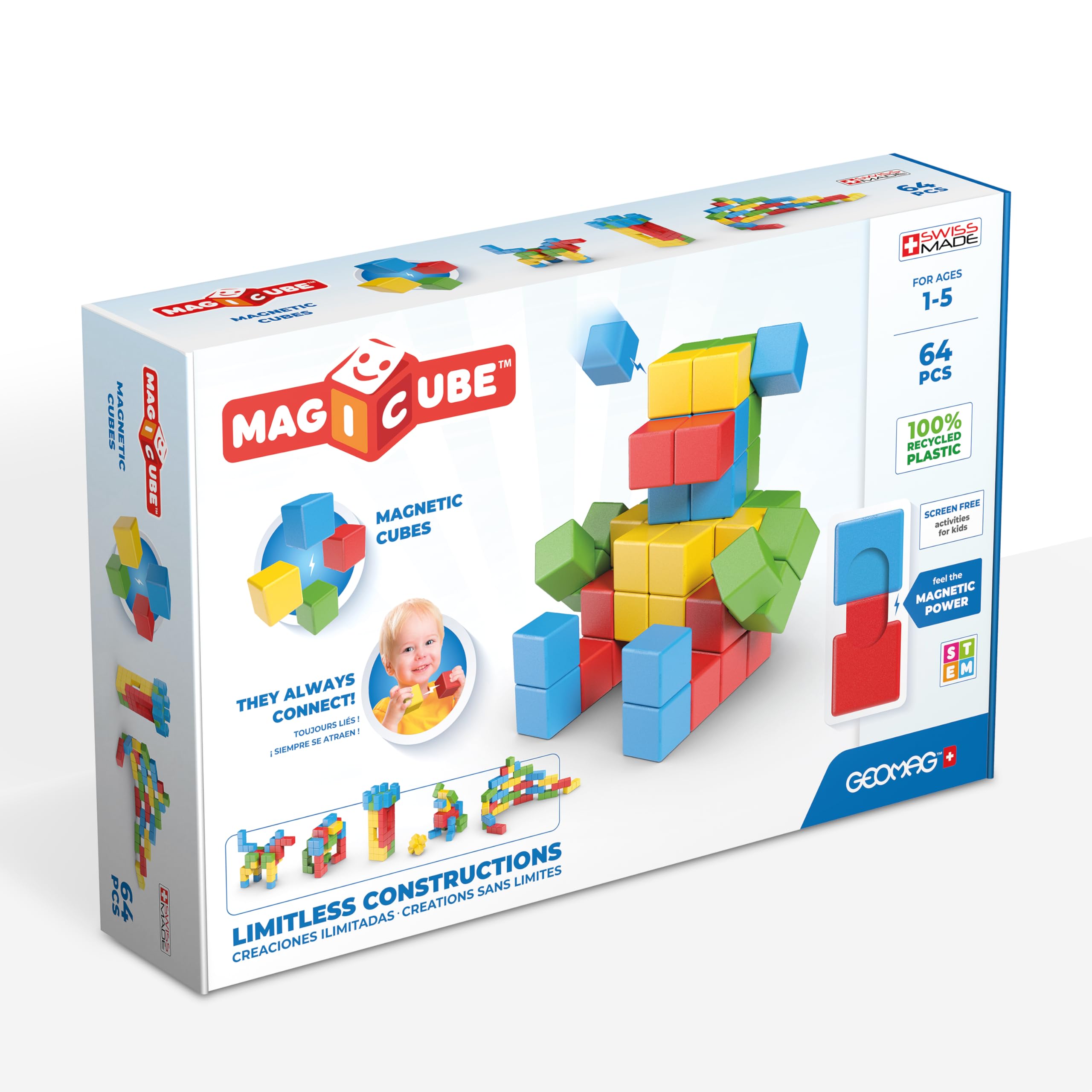 Geomag MagiCube 64-Piece Magnetic Building Blocks Set for Toddlers & Kids Ages 1-5 | STEM Educational Toys for Early Learning | Swiss-Made 100% Recycled Plastic | Creative Construction Play for Preschool & Kindergarten | Perfect for Home, Classroom & Daycare Activities