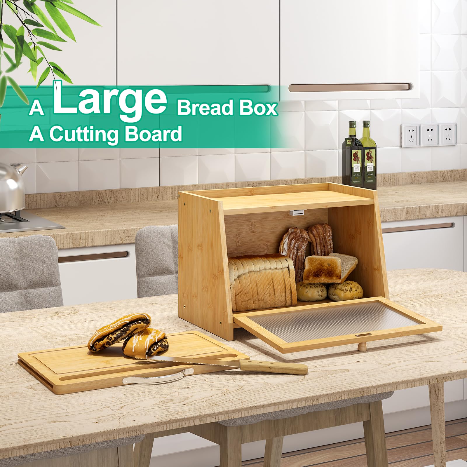 Bamboo Bread Box with Cutting Board & Wavy Acrylic Transparent Door - Natural Wood Bread Storage Container for Kitchen Counter | Perfect for Storing Bread, Pastries & Baked Goods to Keep Fresh Longer