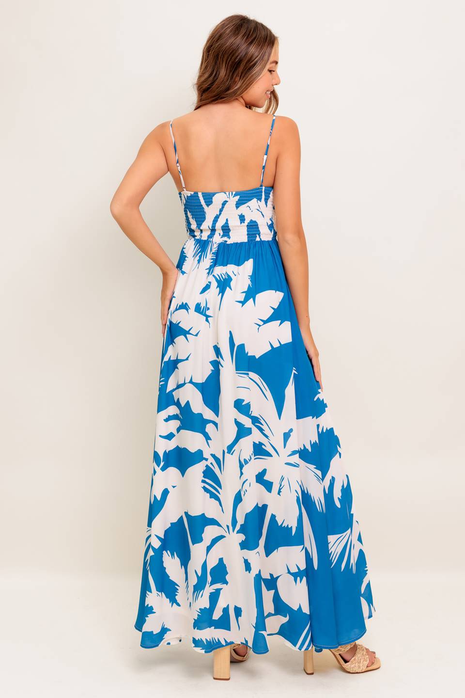 KAIA Blue Palm Print Maxi Dress - Flowy Summer Beach Dress for Women, Perfect for Vacations, Parties & Casual Outings