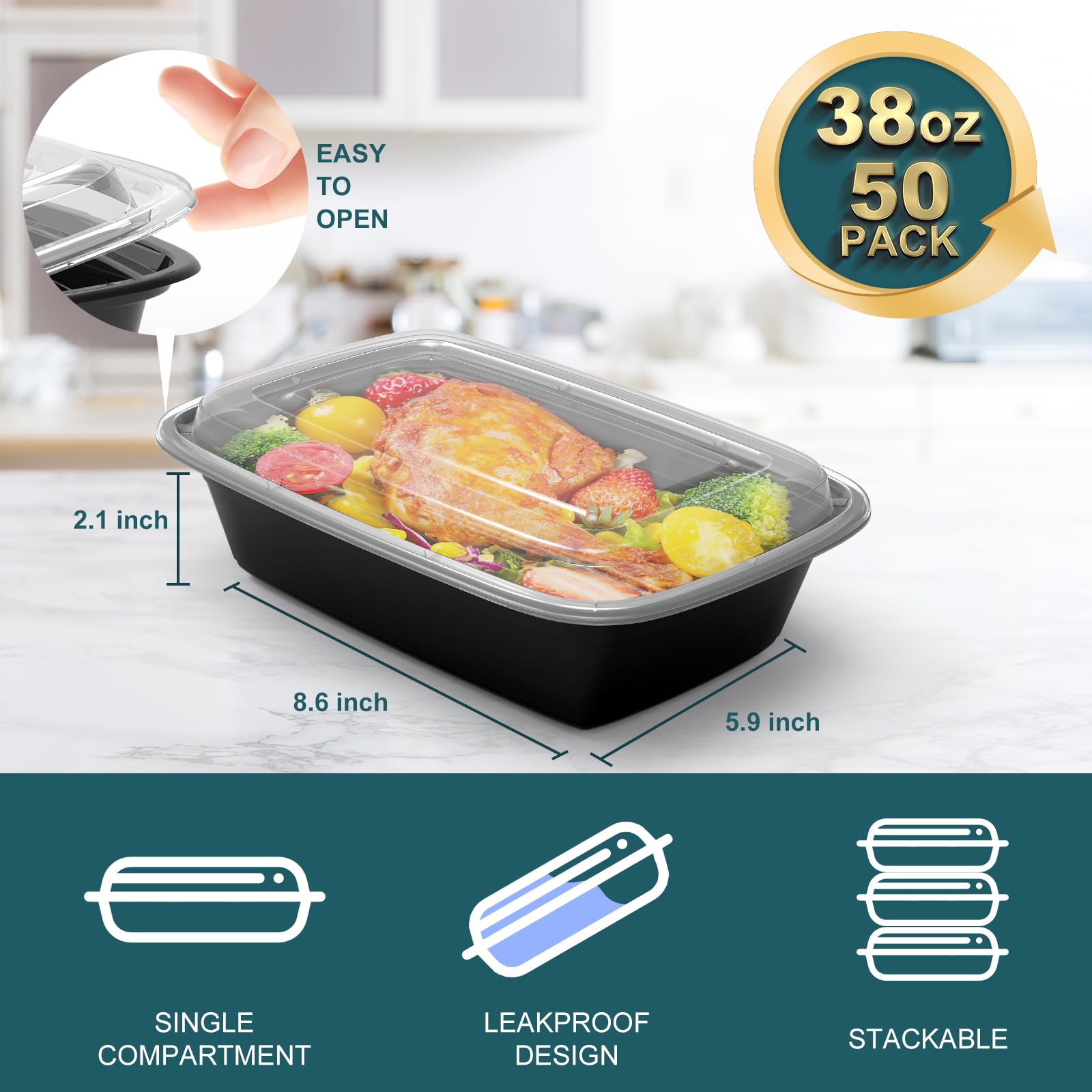 50-Pack 38oz BPA-Free Meal Prep Containers with Lids - Reusable, Stackable Food Storage Containers for Meal Prepping, Leftovers & On-the-Go | Microwave, Dishwasher & Freezer Safe