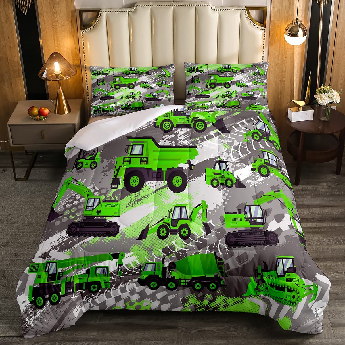 Feelyou Construction Truck Bedding Set for Boys - Kids Excavator Duvet Cover, Breathable Comforter in Green & Gray, Twin Size - Perfect for Construction-Themed Bedrooms & Playrooms