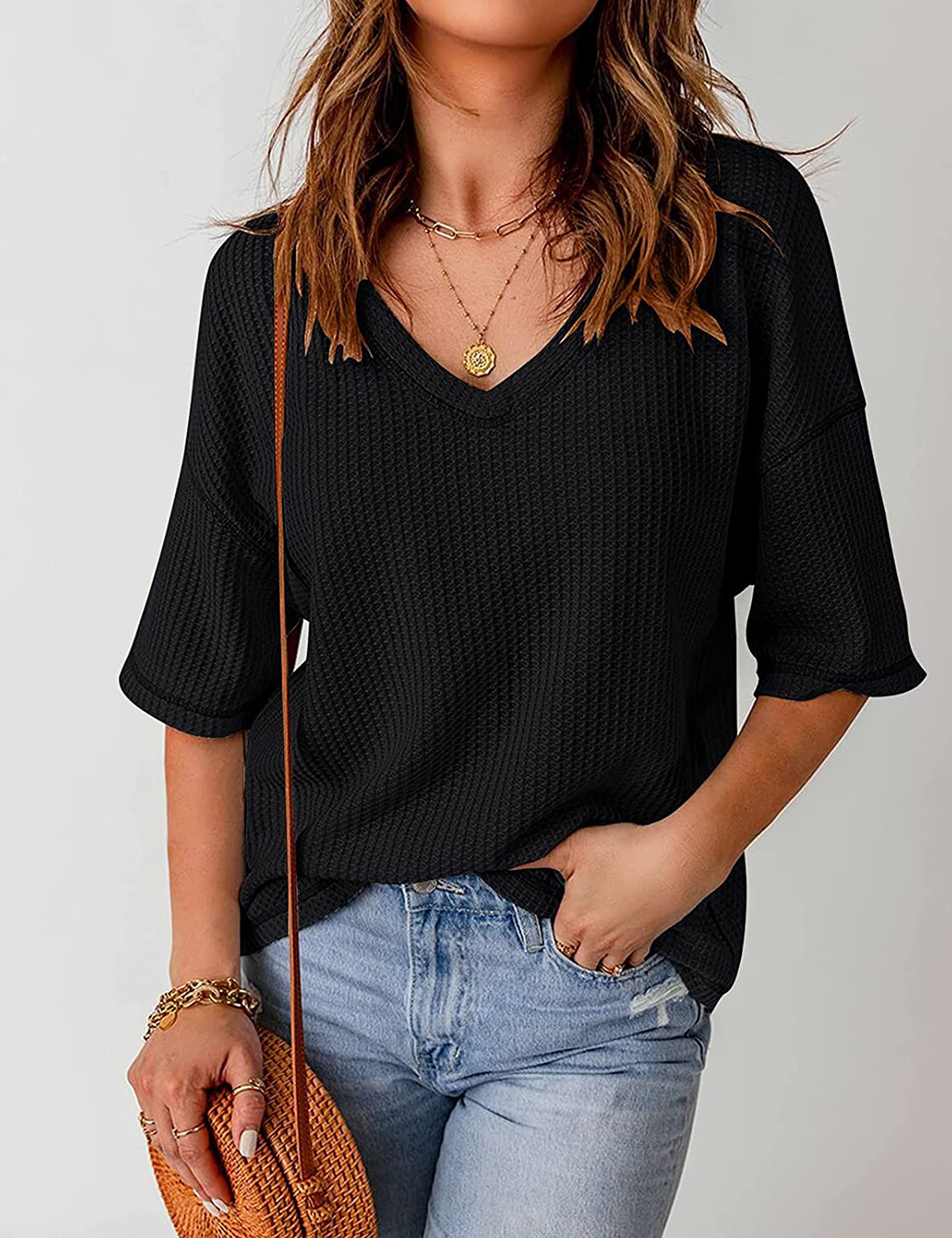 MEROKEETY Women's V Neck Batwing Half Sleeve Shirts - Soft Waffle Knit Loose Blouse, Solid Color Casual Tops for Women | Perfect for Work, Date Night & Everyday Wear