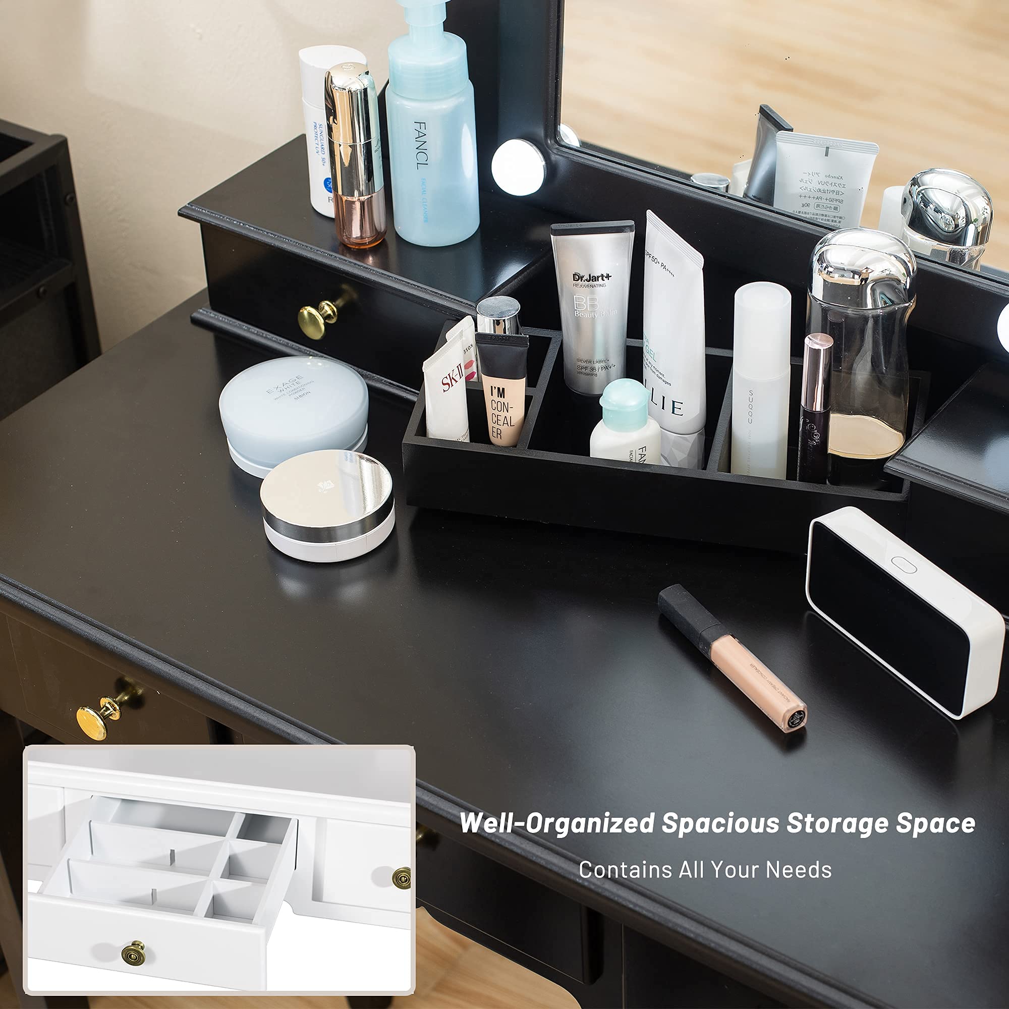 Caroeas White Tri-Fold Makeup Vanity Set with LED Lights - Solid Wood Vanity Table with Mirror, Padded Stool, 4 Drawers & Storage Compartments - Perfect for Bedroom, Dressing Room & Beauty Salon