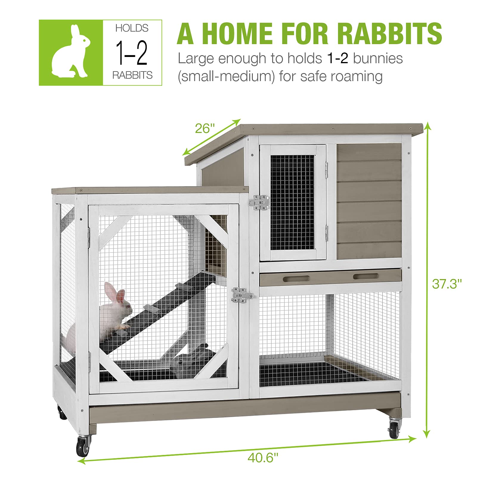 GUTINNEEN Indoor Outdoor Rabbit Hutch with Wheels - Bunny Cage with 2 Deep No-Leak Pull-Out Trays, Wire Mesh Free Bottom - Perfect for Backyard, Patio & Pet Play Areas