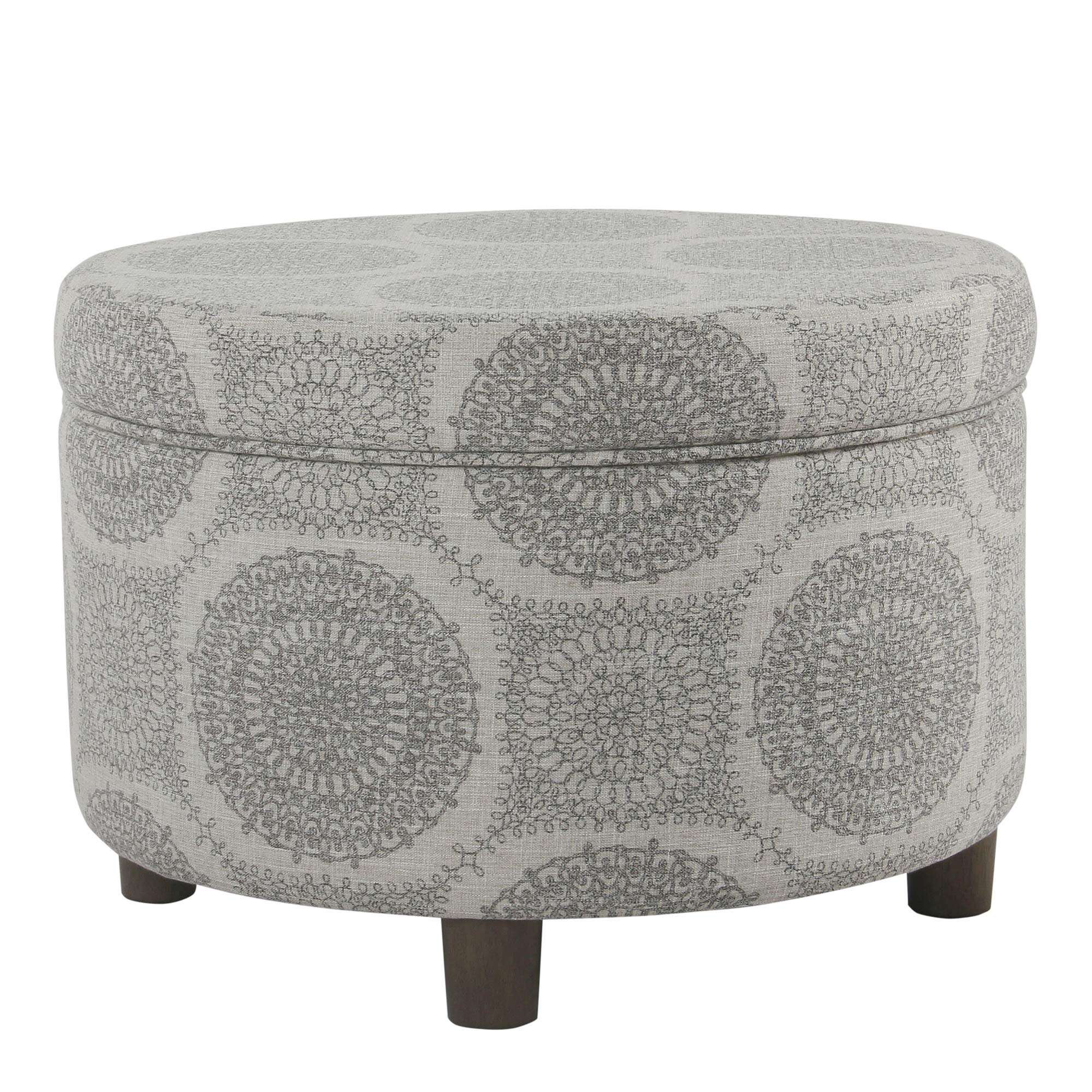 Homepop Round Upholstered Storage Ottoman - Grey Medallion Design for Living Room & Bedroom | Versatile Home Decor with Hidden Storage | Perfect as Footrest, Coffee Table, or Extra Seating