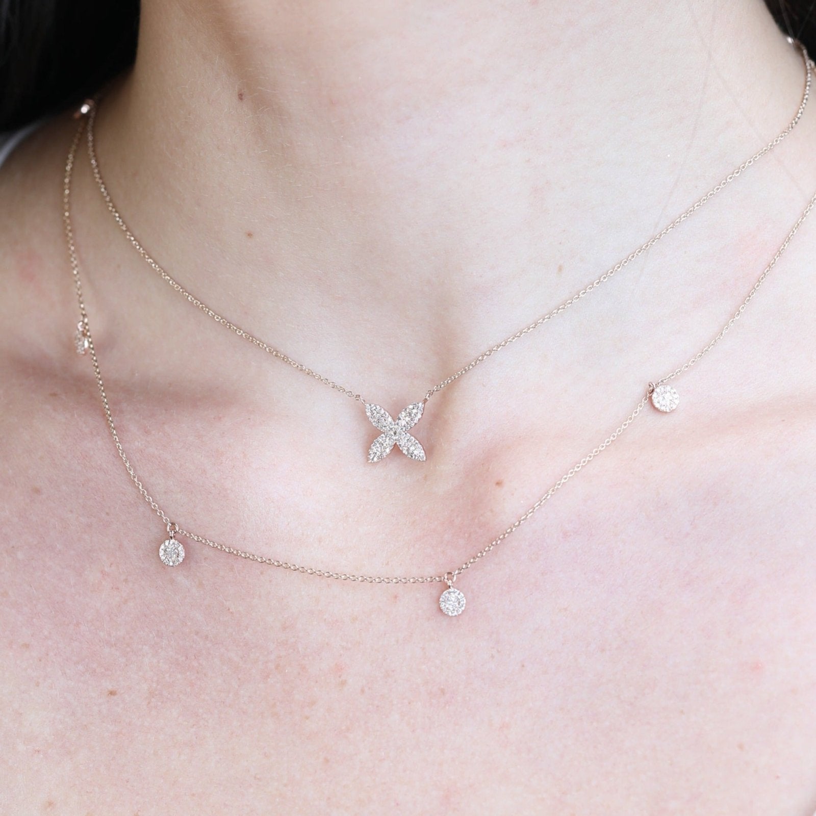 14K Rose Gold Diamond Pavé Flower Necklace - Four Petal Floral Pendant Jewelry for Women, Perfect Gift for Anniversary, Valentine's Day & Special Occasions