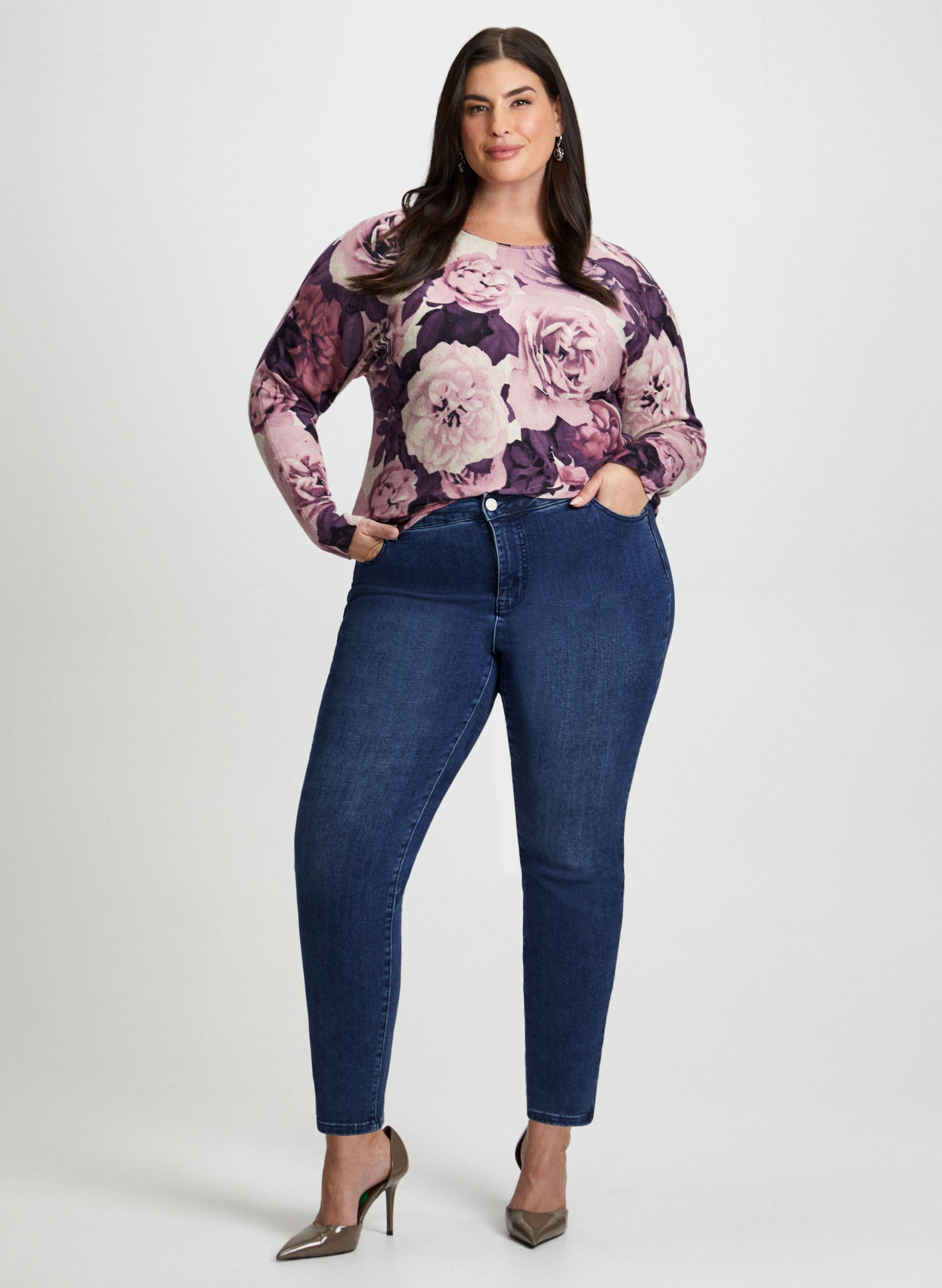 Floral Print Sweater & Slim Leg Jeans Set - Women's Casual Outfit for Spring Fall | Perfect for Date Night, Office Wear & Weekend Brunch