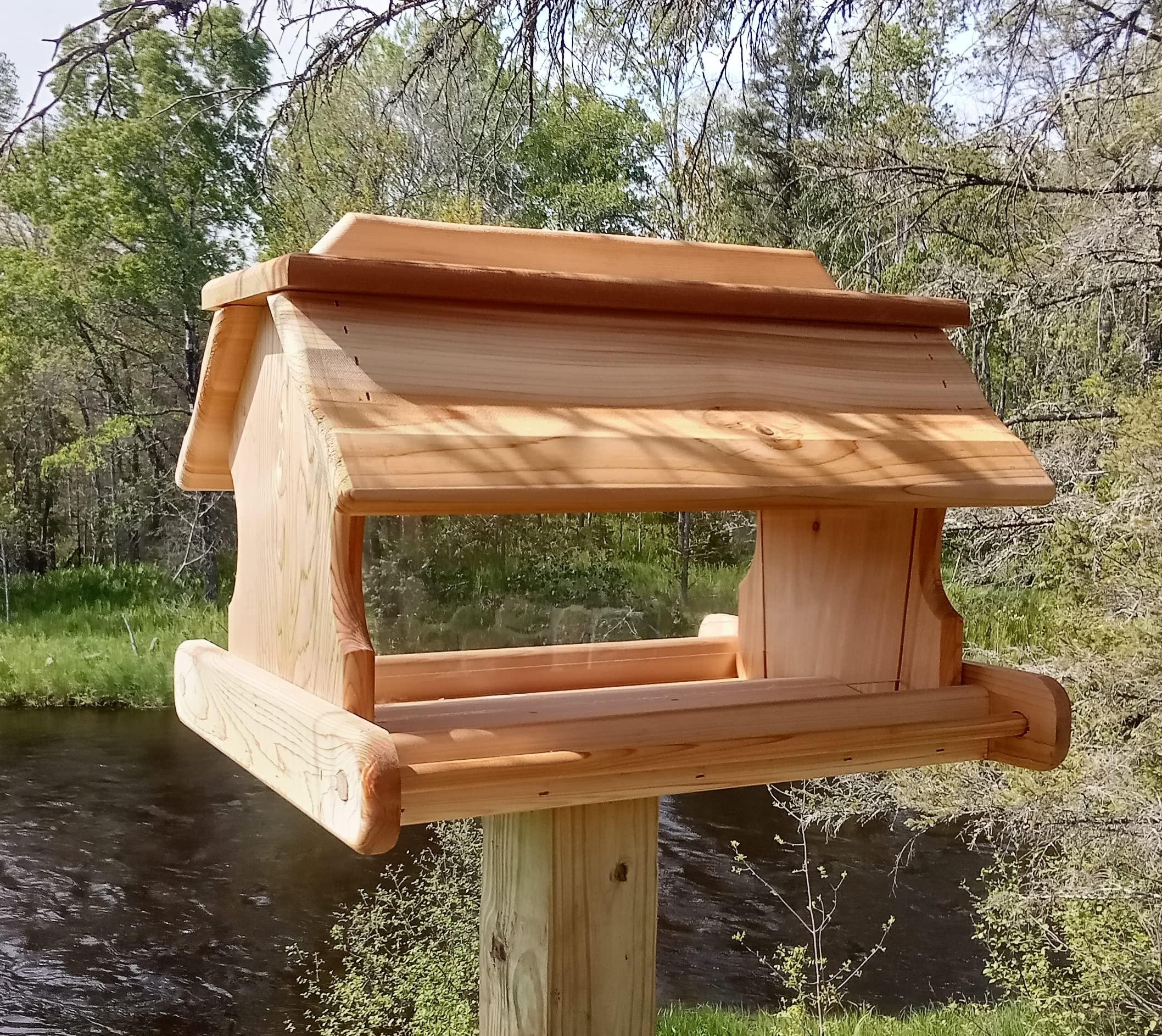 20 Inch Cedar Wood Post Mount Bird Feeder - Durable Outdoor Bird Feeder for Garden, Yard & Backyard - Attracts Cardinals, Finches & Wild Birds