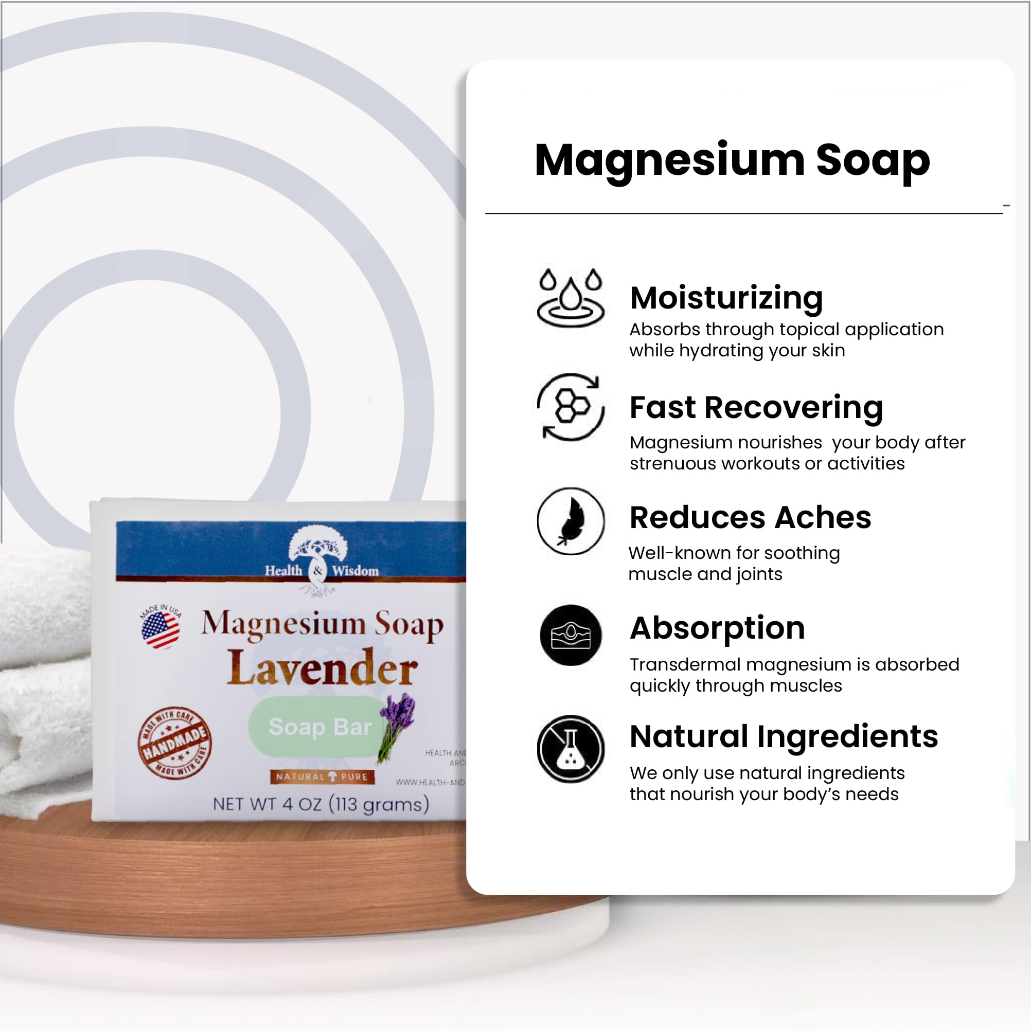 Health & Wisdom Magnesium Soap Bar - All Natural Lavender Body Wash with Magnesium Oil for Skin Care - Moisturizing Shower & Bath Soap (4oz) - Perfect for Relaxation, Muscle Recovery & Aromatherapy