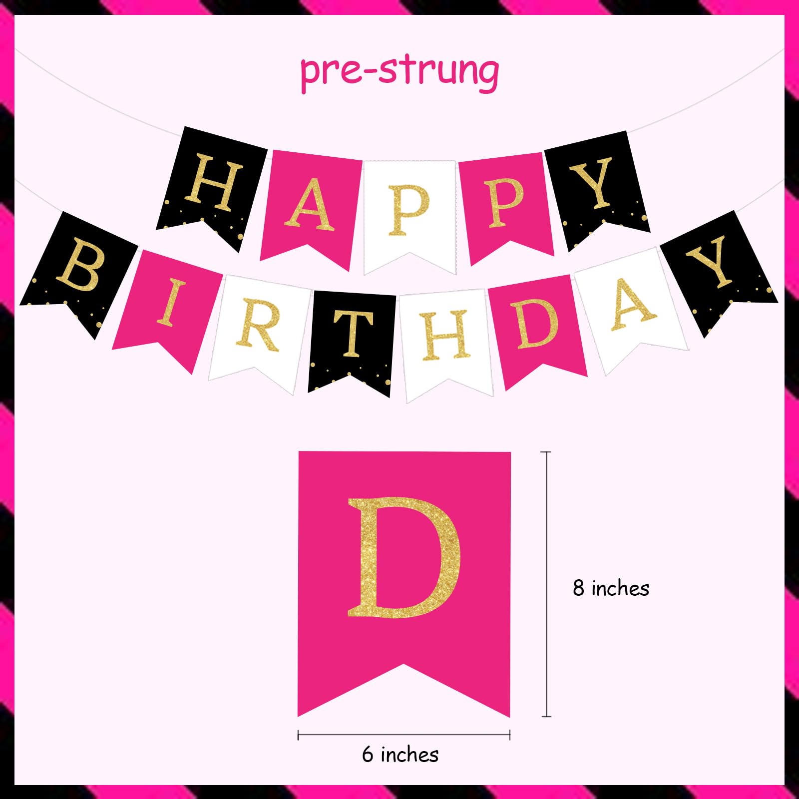 Hot Pink & Black White Happy Birthday Bunting Banner, Tissue Pom Poms, Paper Fans & Circle Dots – Elegant Birthday Party Decorations for Women & Girls – Perfect for Indoor & Outdoor Celebrations, Baby Showers & Bridal Showers