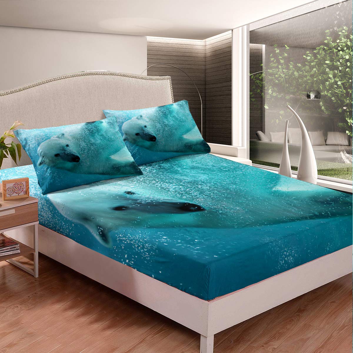 3-Piece Queen Size Polar Bear Ice Water Fitted Sheet Set - Ultra Soft Brushed Microfiber Bedding with Deep Pockets (1 Fitted Sheet + 2 Pillowcases) for Kids & Adults - Perfect for Winter Bedrooms, Guest Rooms and Cozy Home Decor