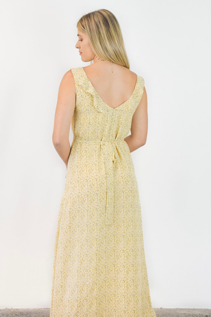 Frill Seeker Golden Ditsy Fleck Georgette Button Front Ruffle Neck Midi Dress - Elegant Floral Print Party & Wedding Guest Dress for Women