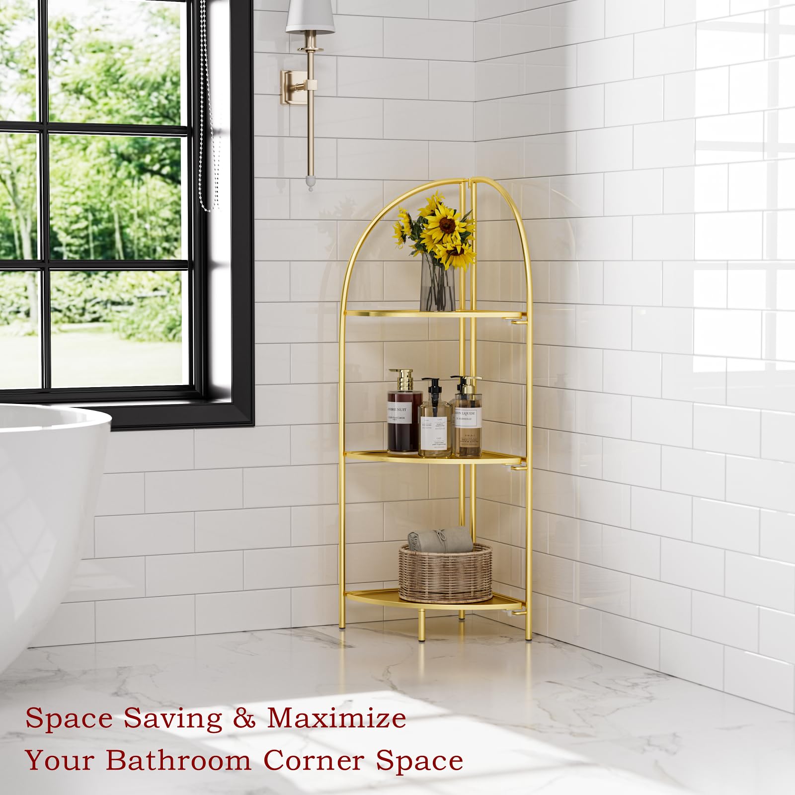 Foldable 3-Tier Metal Corner Shelf with Gold Frame - Space-Saving Plant Stand & Display Rack for Living Room, Bedroom, Bathroom - Perfect for Small Spaces, Home Decor & Organizing Plants, Books & Decorative Items