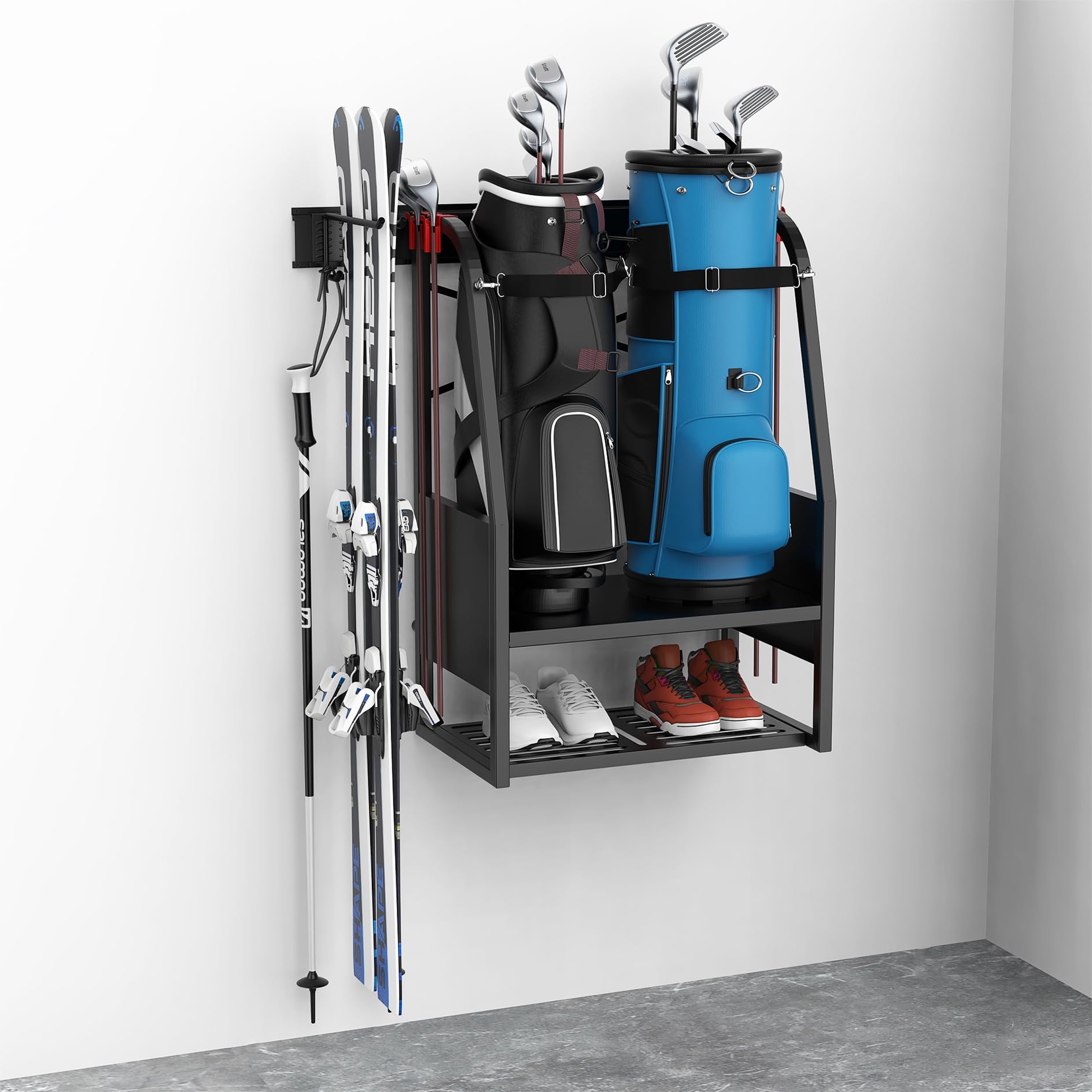 Wall Mount Golf Bag Organizer - Heavy Duty 2 Bag Storage Rack for Golf Clubs & Accessories - Space Saving Garage, Basement, Shed Organization - Perfect for Golf Enthusiasts & Home Storage Solutions