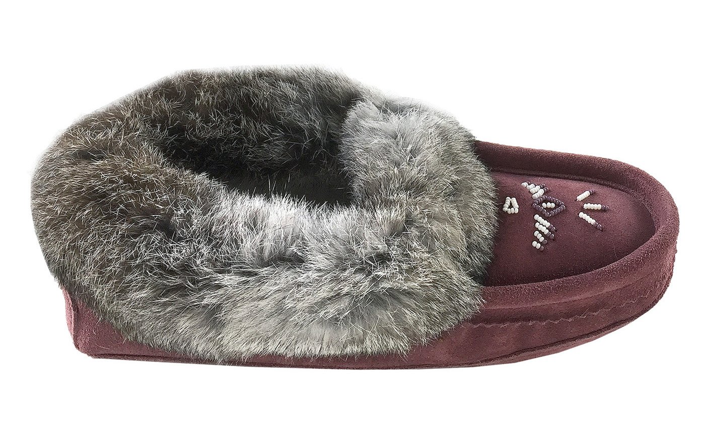 Laurentian Chief Women's Suede Slippers with Rabbit Fur Collar - Soft Sole Moccasins for Indoor Comfort & Cozy Home Wear