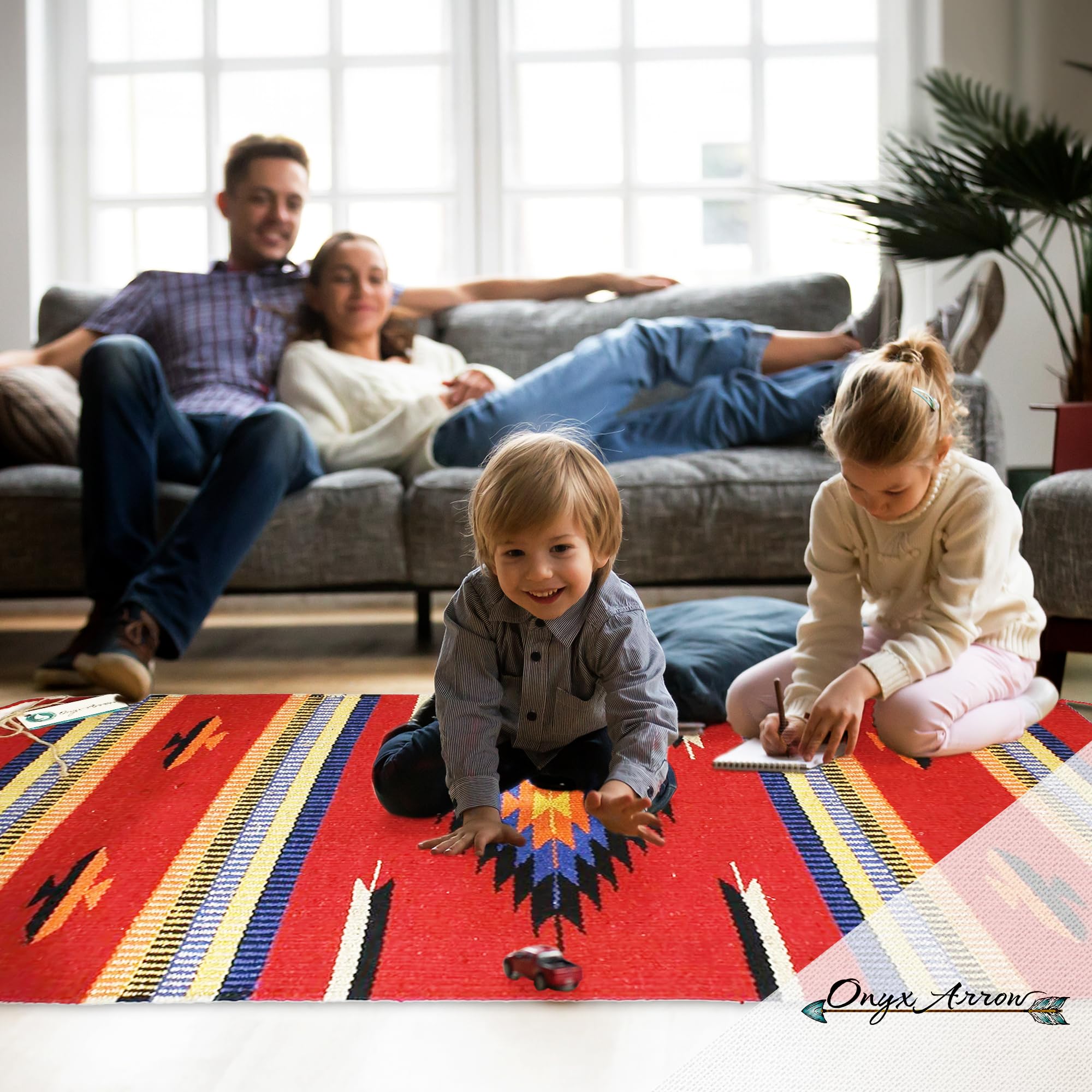 Southwestern Washable Boho Area Rug - Indoor/Outdoor Farmhouse Decor Rug - Western Style for Living Room, Dining, Bedroom - Center Diamond Pattern in Red/Orange - 32x64 Inches - Perfect for Southwest Home Decor & Patio Use