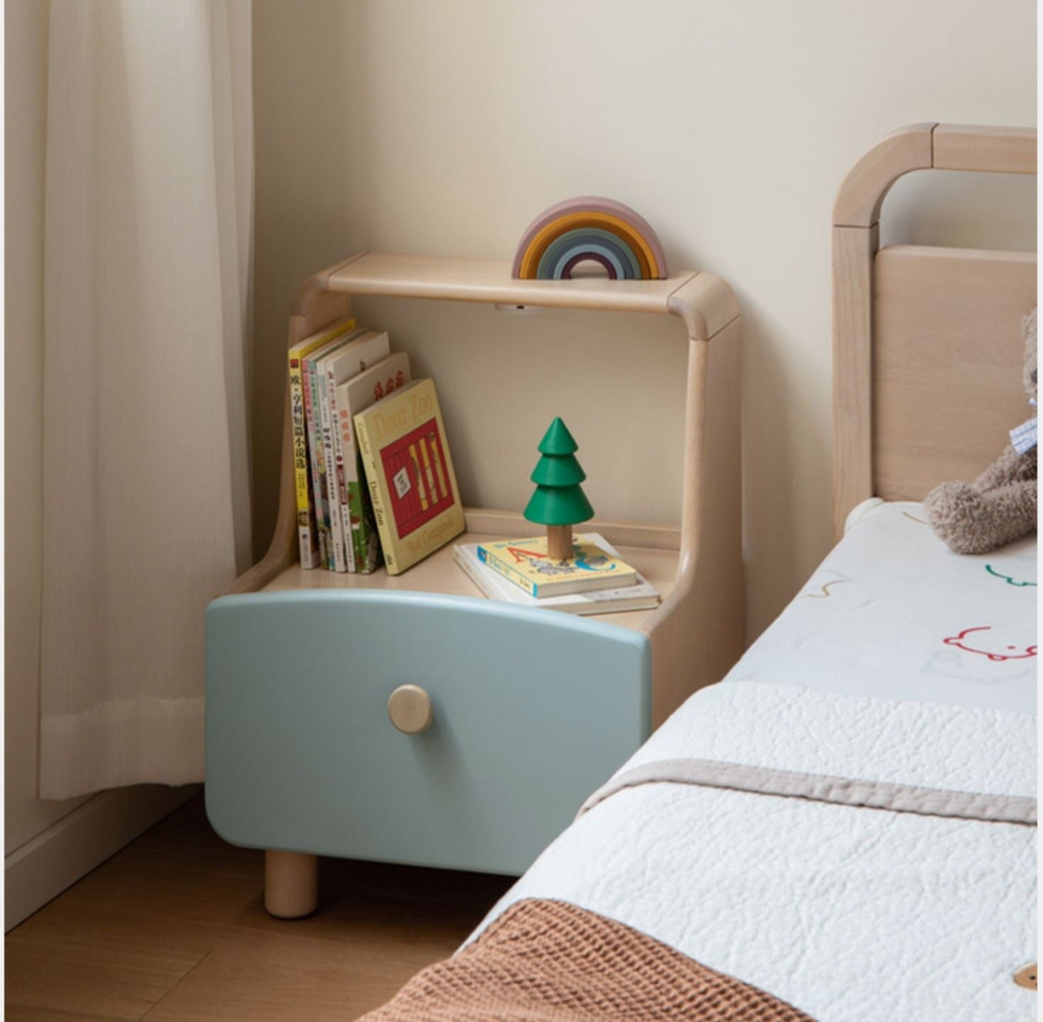 Solid Wood Nightstand with Built-in Night Light - Birch & Beech Wood Bedside Table for Bedroom, Living Room, or Nursery - Modern & Functional Furniture for Small Spaces