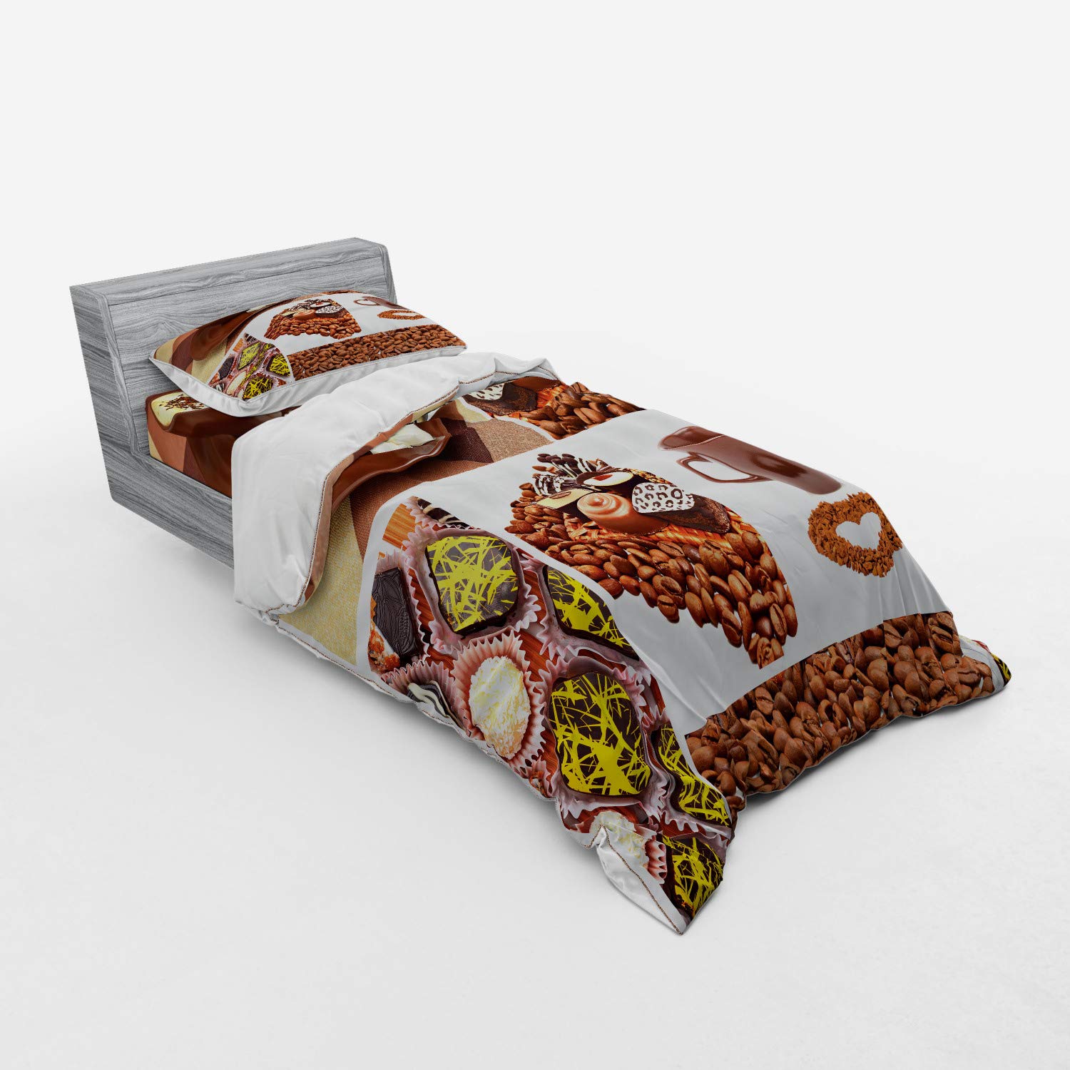 Ambesonne Chocolate Sweets & Coffee Themed 3-Piece Duvet Cover Set - Twin Size with Pillow Sham & Fitted Sheet - Perfect for Coffee Lovers' Bedroom Decor & Gift Ideas