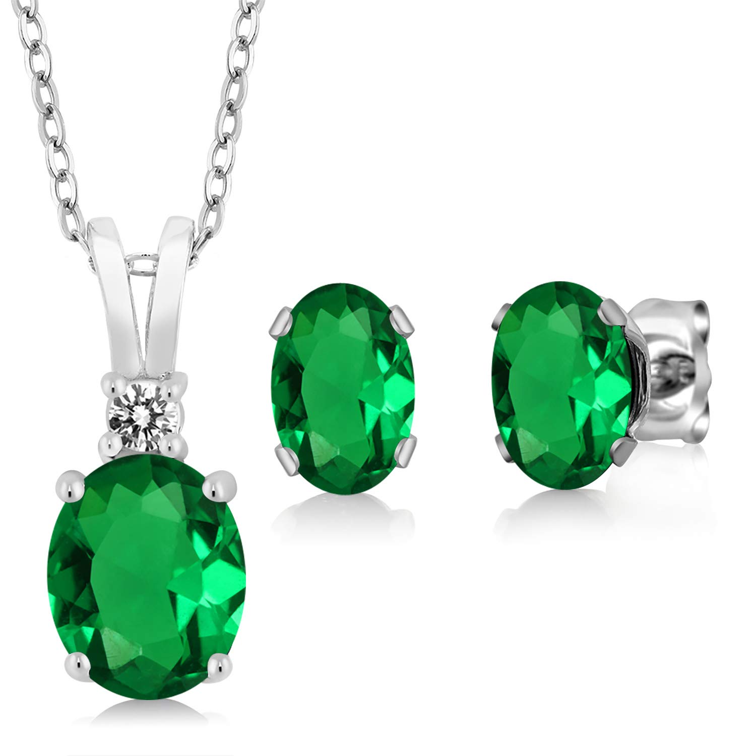 Gem Stone King 925 Sterling Silver Green Simulated Emerald Pendant & Earrings Set for Women - 2.42 Ct Oval Cut with 18