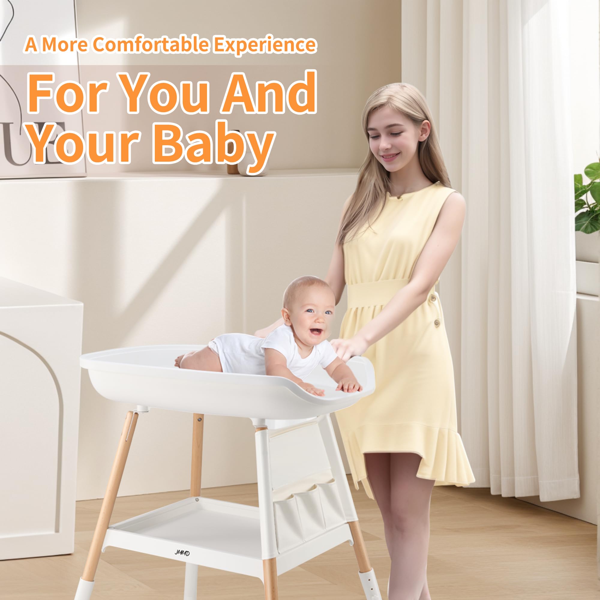 JMMD Adjustable Height Baby Changing Table with Waterproof Pad & Storage - Nursery Diaper Station for Infants 0-5 Months (White) | Perfect for Small Spaces & Baby Room Organization