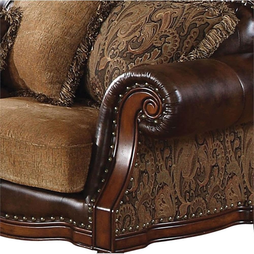 Acme Dreena Rolled Arm Faux Leather Sofa - Brown Upholstered Couch with 5 Decorative Pillows | Modern Living Room Furniture for Small Spaces & Apartments