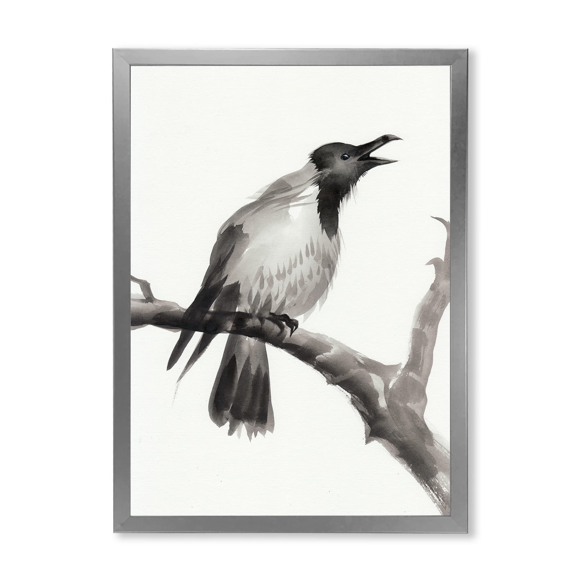 DesignQ Traditional Framed Wall Art - Crying Crow on Branch Painting - Home & Office Decor, Living Room Bedroom Wall Hanging