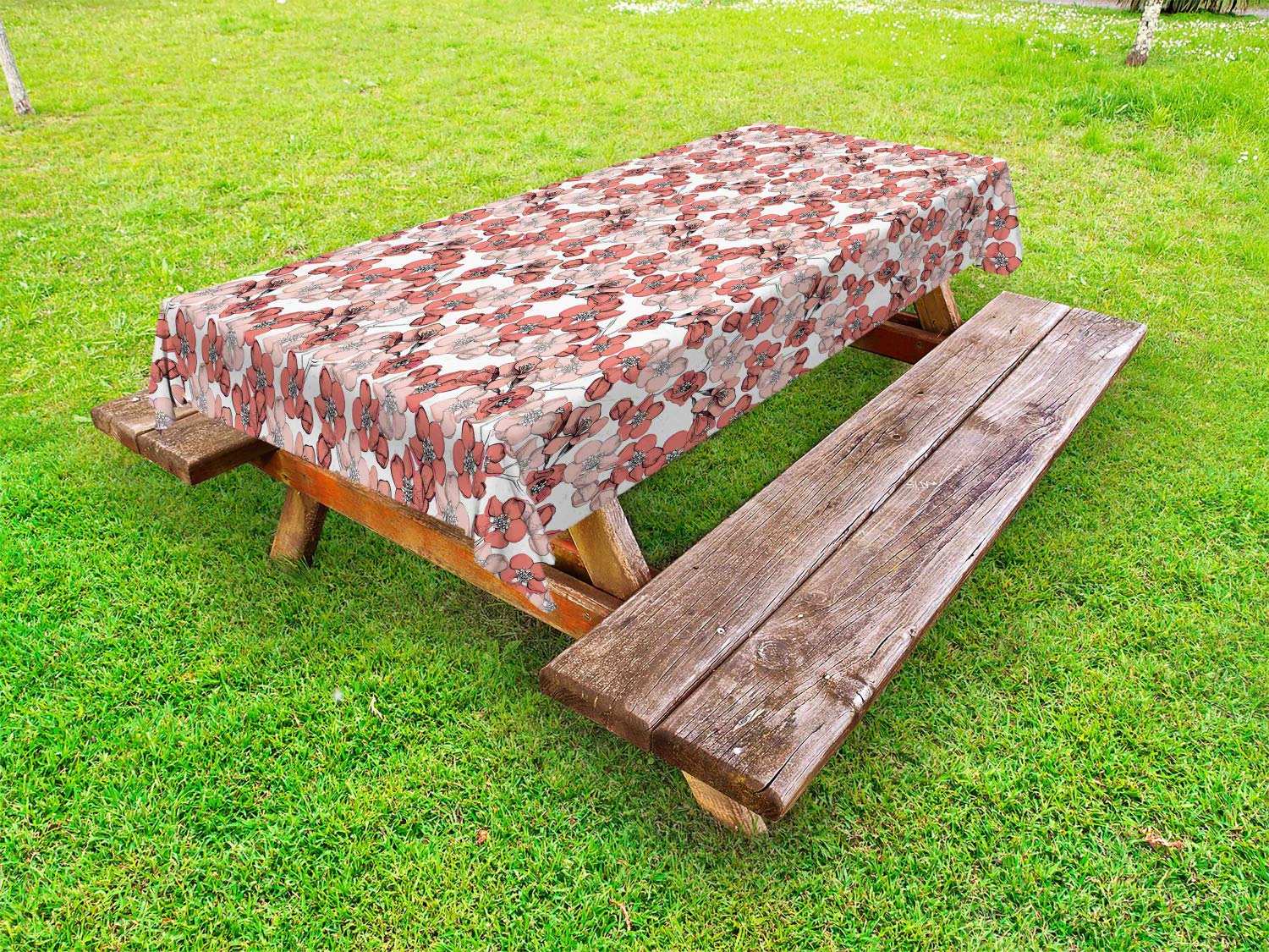 Ambesonne Cherry Blossom Outdoor Tablecloth - Floral Japanese Nature Design, Hand Drawn Spring Style, Washable Picnic Table Cover 58