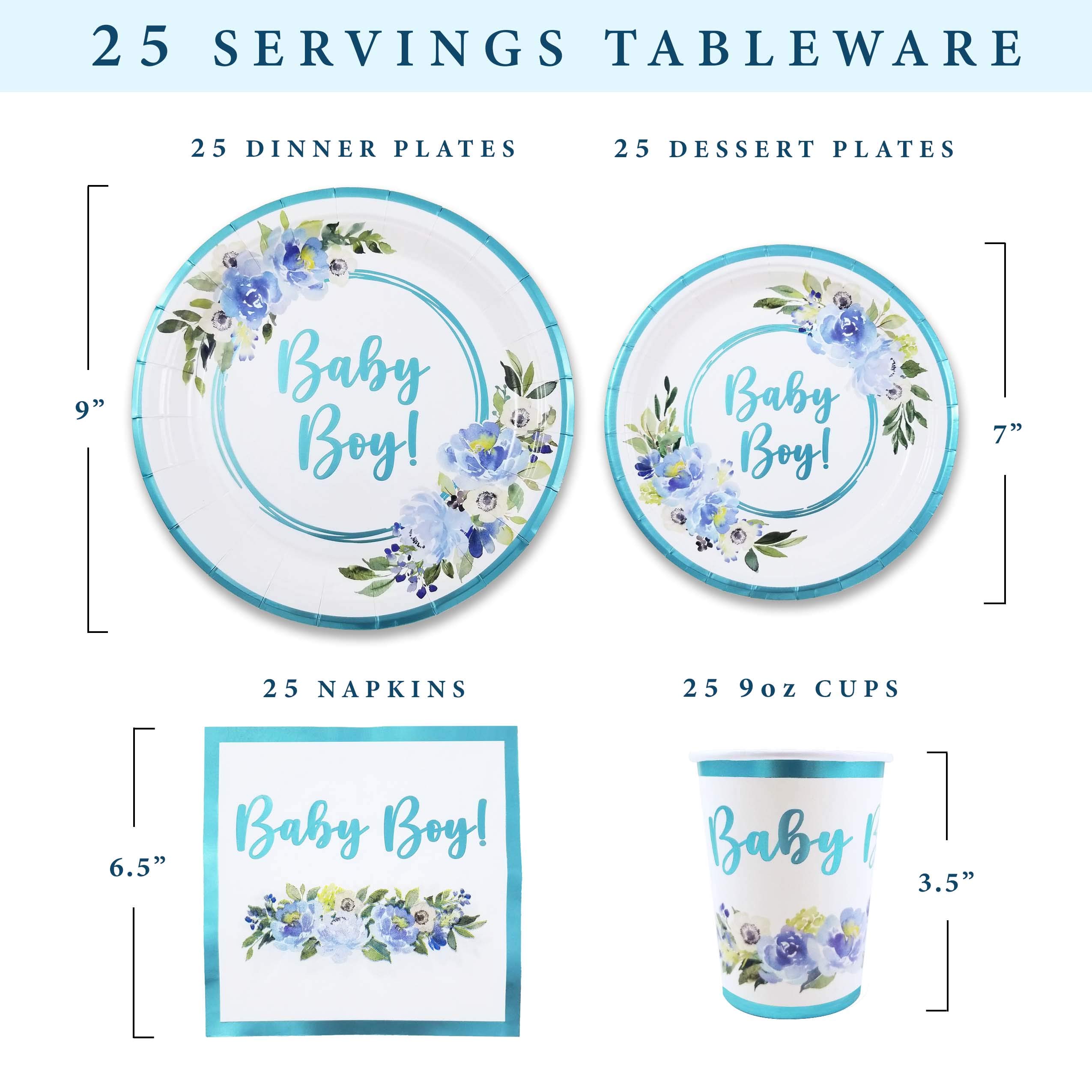 Baby Shower Plates and Napkins Set - 25-Piece Disposable Tableware with Light Blue Foil & Floral Design | Includes Dinner Plates, Dessert Plates, Cups & Napkins | Perfect for Baby Boy Showers, Gender Reveals & Nursery Themed Parties