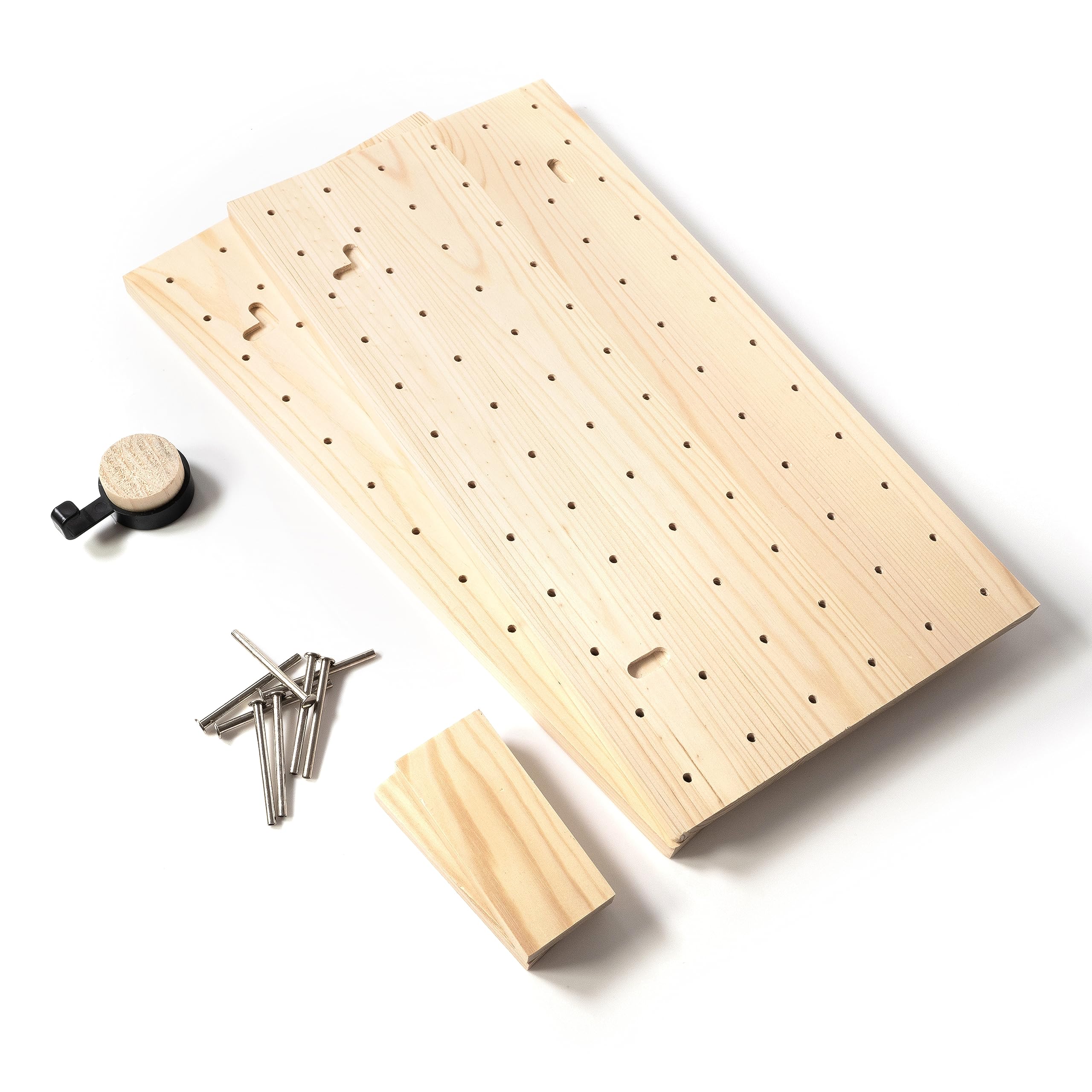 Modular Wooden Pegboard Wall Organizer with 2 Shelves, 2 Boards & 8 Pegs - Space Saving Storage Solution for Kitchen, Garage, Office & Dorm - Includes 3 Wall Hooks - Perfect for DIY Projects, Tool Organization & Home Decor Display