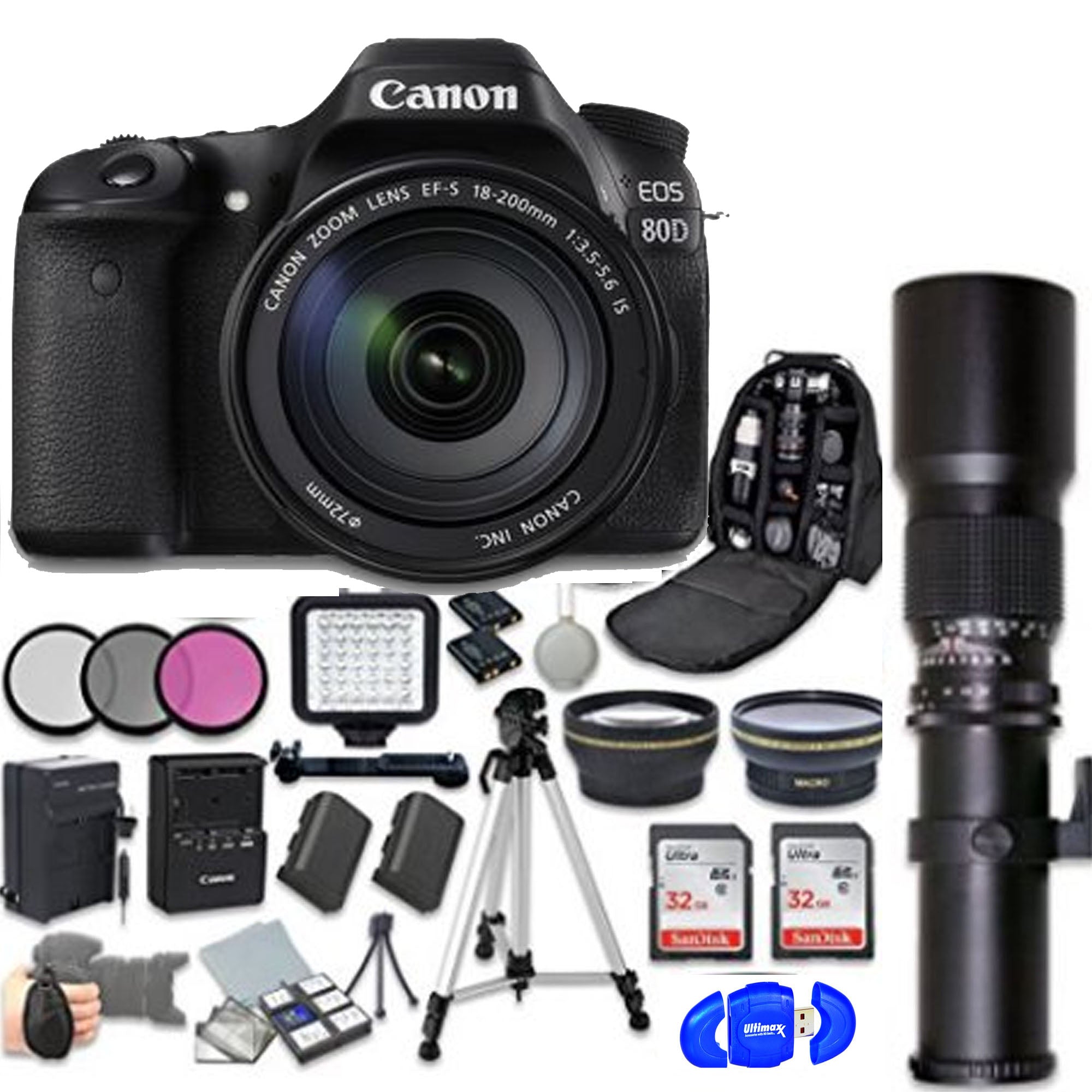 Canon EOS 80D DSLR Camera with 18-200mm IS Lens & 500mm Preset Lens Kit - Includes Spare Battery, Memory Card & Accessories - Perfect for Wildlife Photography, Travel & Sports Shooting