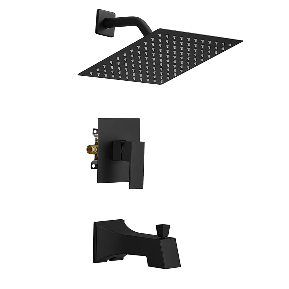 Premium Matte Black Shower Tub Faucet Set - 8-Inch Rain Shower Head, Slip-On Diverter Tub Spout, Rough-in Valve & Trim Kit for Bathroom Renovation | Perfect for Modern Home Spa Experience