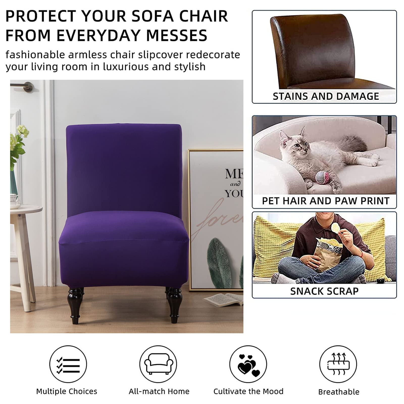 Stretch Spandex Armless Accent Chair Slipcover - Washable Furniture Protector for Slipper Chairs | Fits Living Room, Hotel & Office | Purple Patterned Removable Cover (2-Pack)