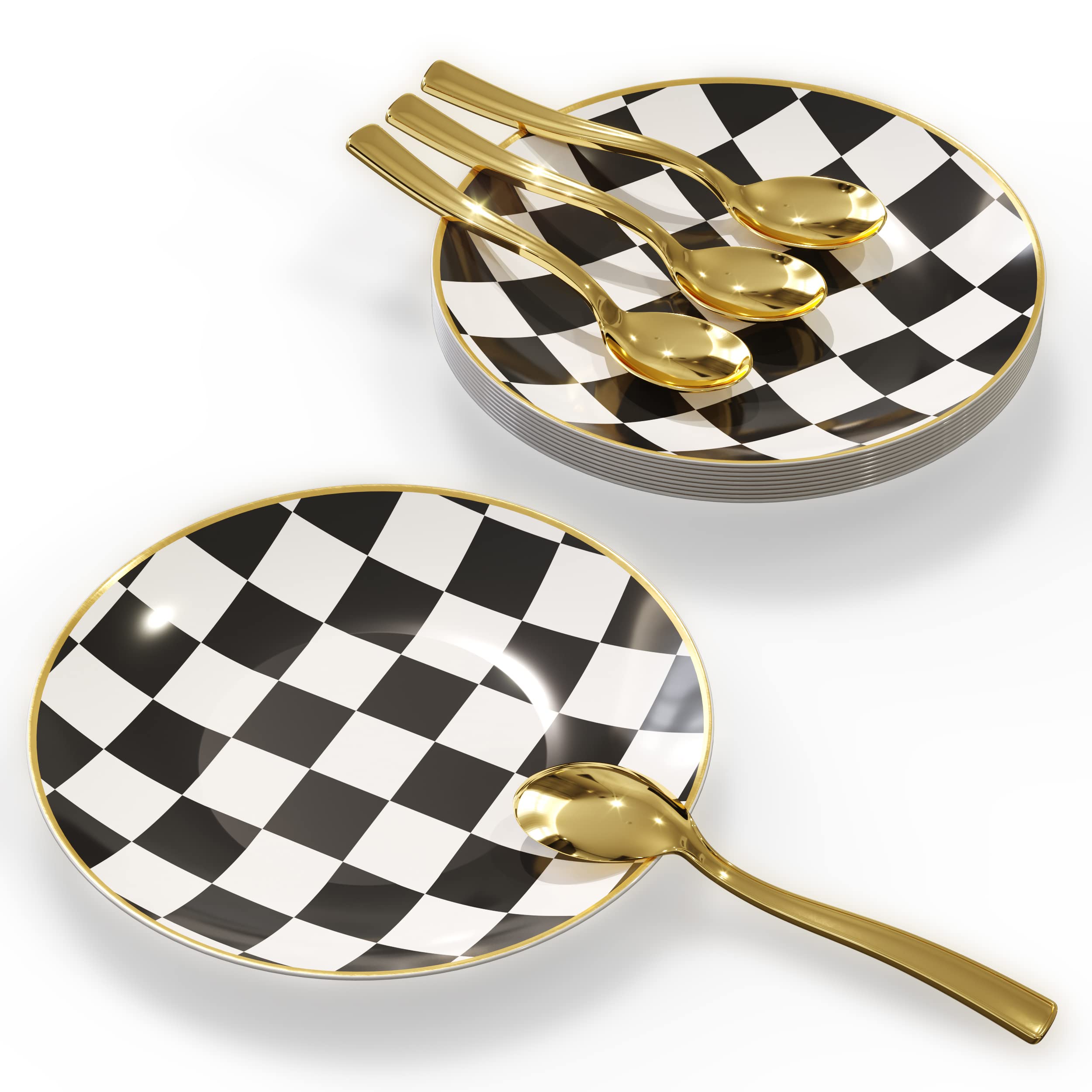Trendables 120-Pack Mini Disposable Checkered Dessert Plates with Gold Rim & Matching Plastic Spoons - Elegant Party Serving Set for 60 Guests, Perfect for Weddings, Birthdays & Special Occasions