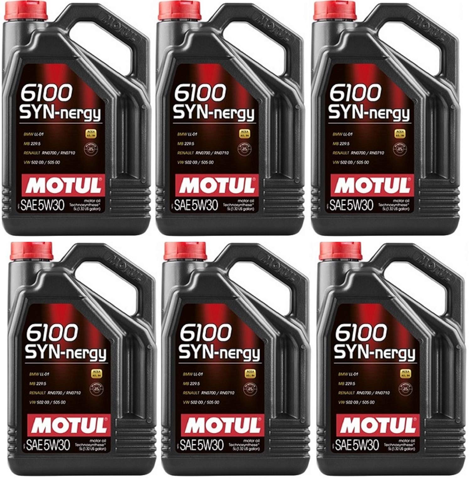 Motul 107972 6-Pack 6100 SYN-nergy 5W-30 Full Synthetic Motor Oil - 5 Liter Bottles Each | Premium Engine Protection for High-Performance Cars, Trucks & SUVs | Ideal for Daily Commuting, Racing & Extreme Weather Conditions