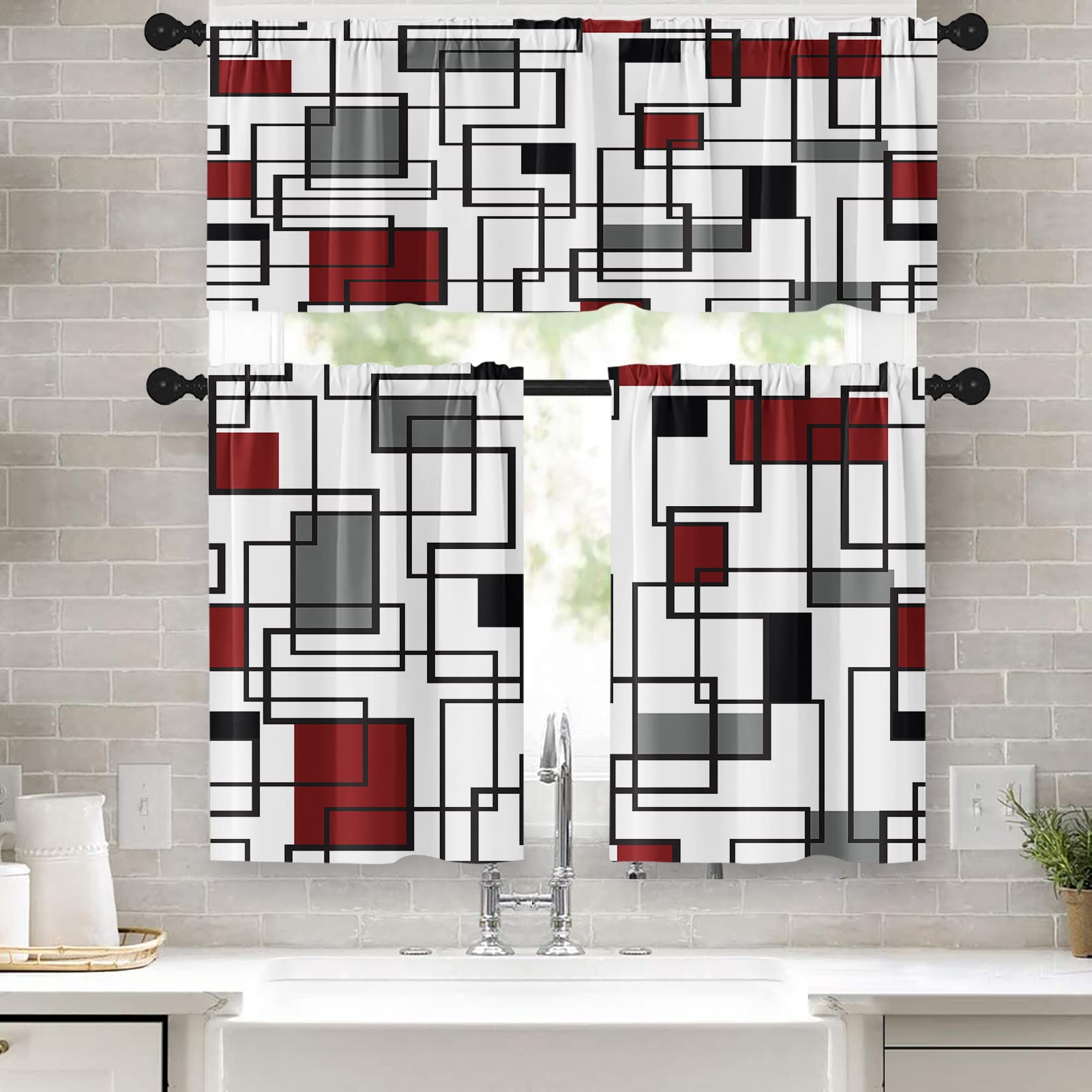 Emvency 36 Inch Kitchen Curtains - Red and Black Geometric Abstract Art Window Treatment Set of 3 with Valances | Black Line White Short Tier Curtain for Vintage Small Kitchen Decor | Perfect for Farmhouse, Apartment & Cafe Window Coverings