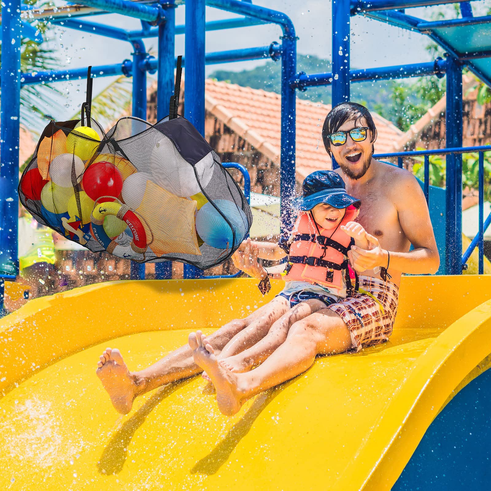 Shappy Large Black Rectangular Plastic Pool Toy Storage Bag - Foldable Hanging Net Organizer for Swim Accessories, Quick Dry & Easy to Clean - Perfect for Beach, Poolside, and Water Park Use
