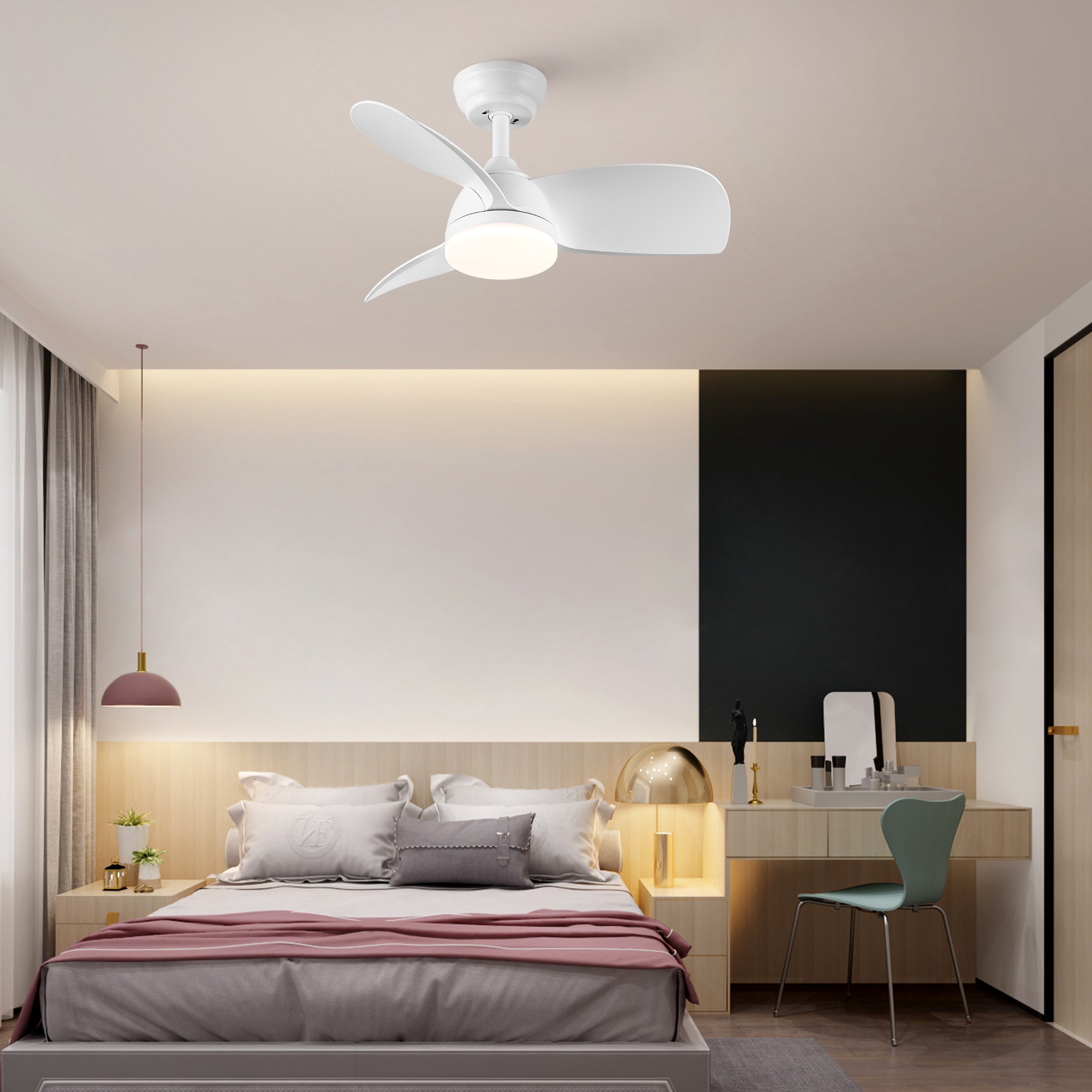 28 Inch Integrated LED Ceiling Fan with White ABS Blades - Energy Efficient Cooling & Lighting for Bedroom, Living Room, and Office Spaces