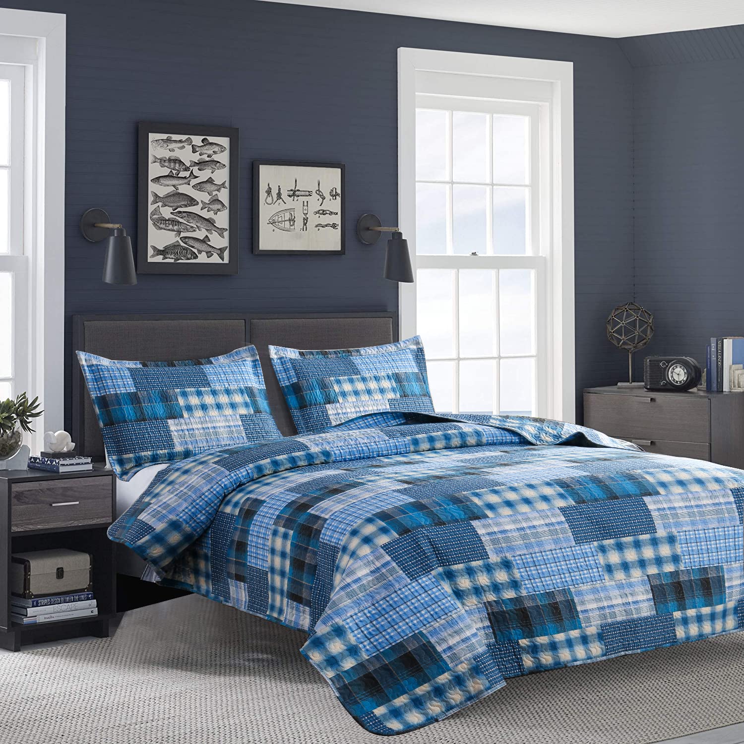 King Size Reversible Quilt Set - Blue Plaid Patchwork Bedspread Coverlet | Soft Microfiber Lightweight All-Season Bedding for Men & Boys | Perfect for Master Bedroom, Guest Room & Dorm Decor