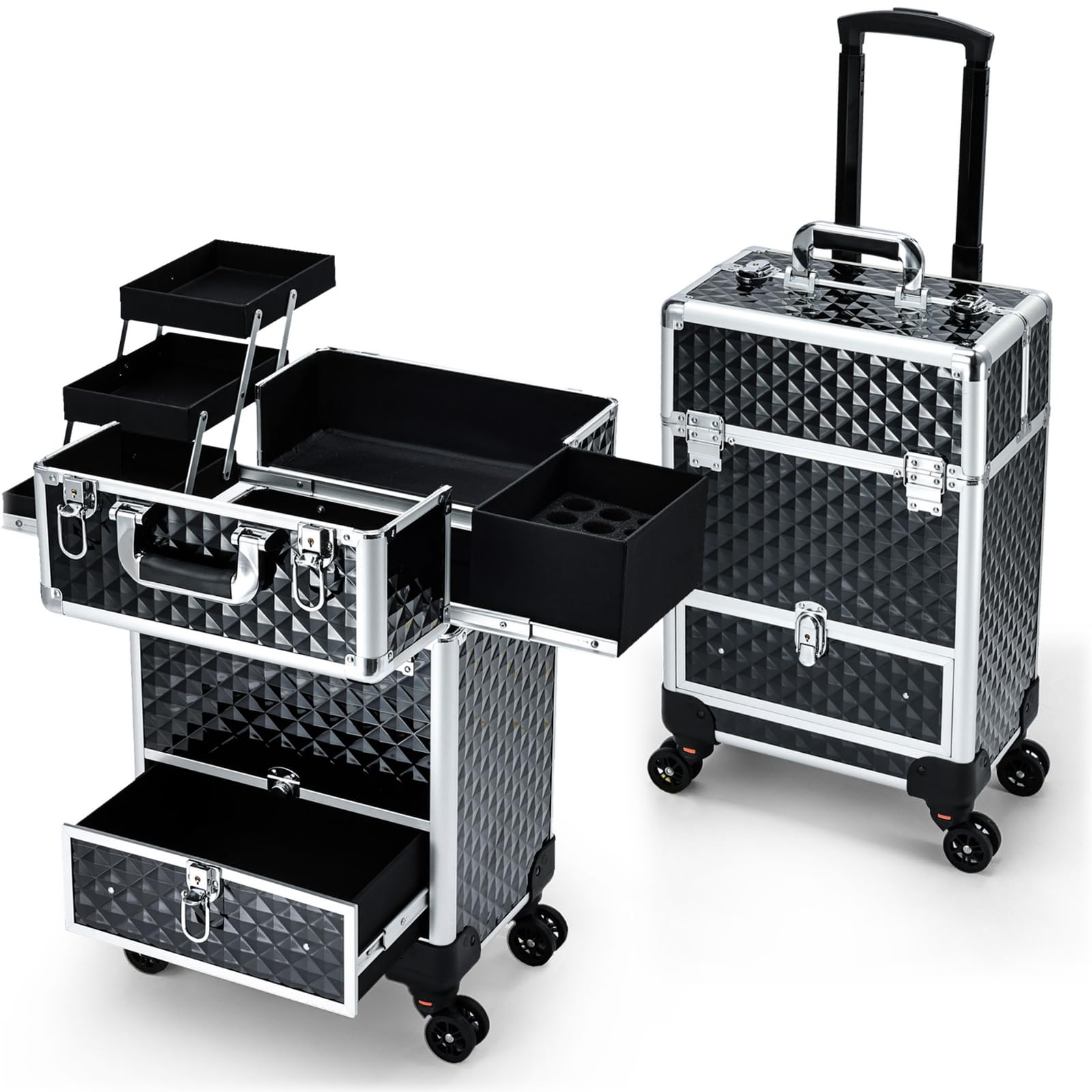 Professional Rolling Makeup Case with 4 Sliding Drawers & Wheels - Portable Cosmetic Trolley for Travel, Salon & Barber - Ideal for Cosmetologists, Nail Techs & Hairstylists (Black) | Perfect for Mobile Beauty Services, Makeup Artists On-The-Go & Salon Organization