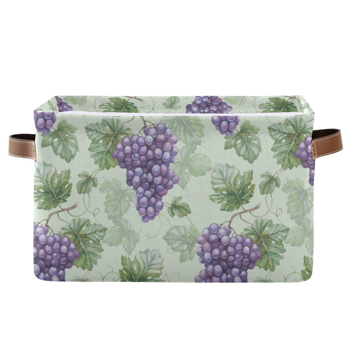 Purple Grapes Rustic Fabric Storage Basket - Foldable Laundry Bin with Green Leaves Design, 16×12×8 Inches - Perfect for Clothes, Dog Toys, Books & Closet Organization | Ideal for Home, Nursery & Pet Room Storage