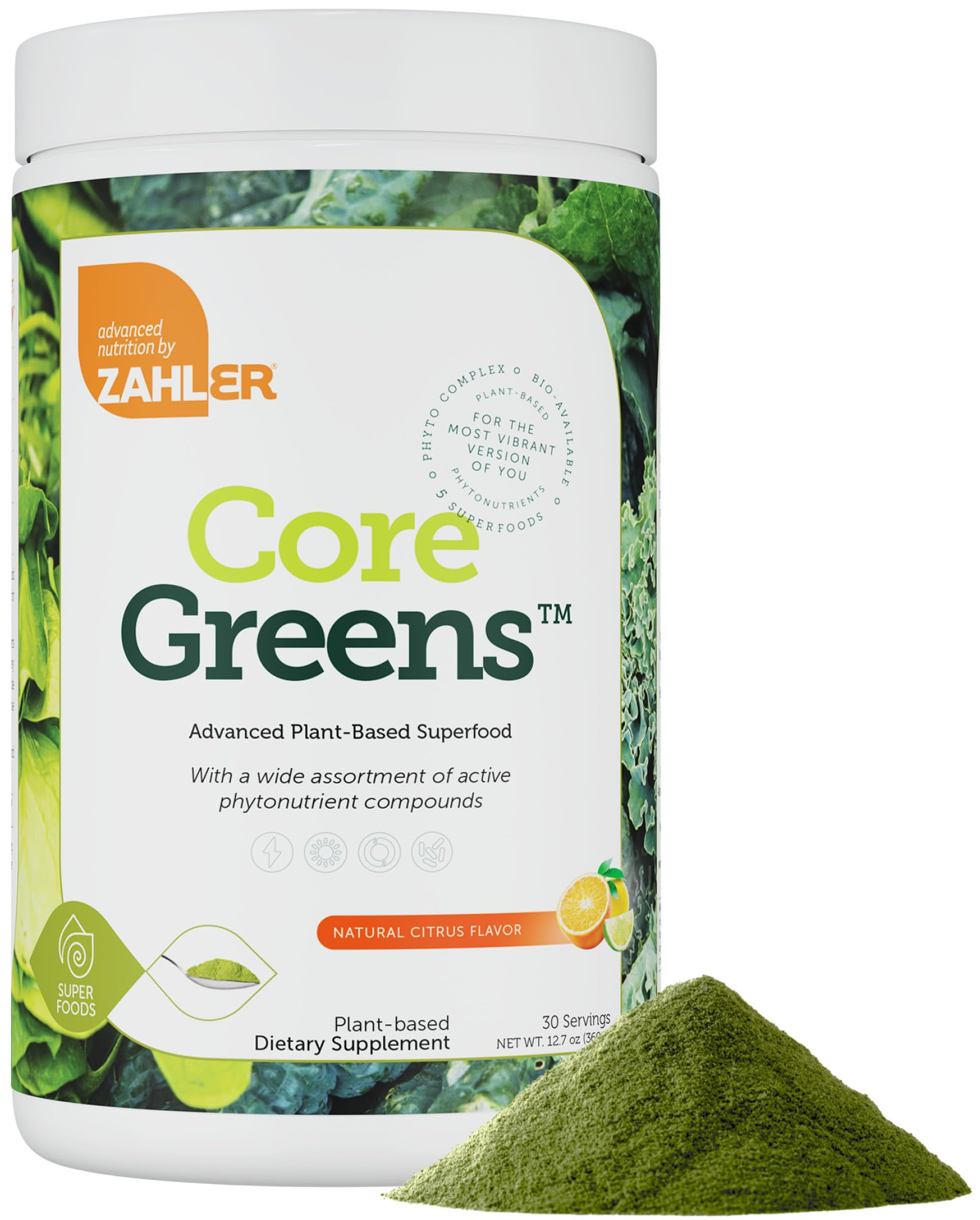 Zahler Core Greens - Organic Superfood Powder with Spirulina, Chlorella & Phytonutrients - Kosher, Non-GMO, Citrus Flavor for Green Juice & Smoothies - Boost Energy & Detox for Active Lifestyles