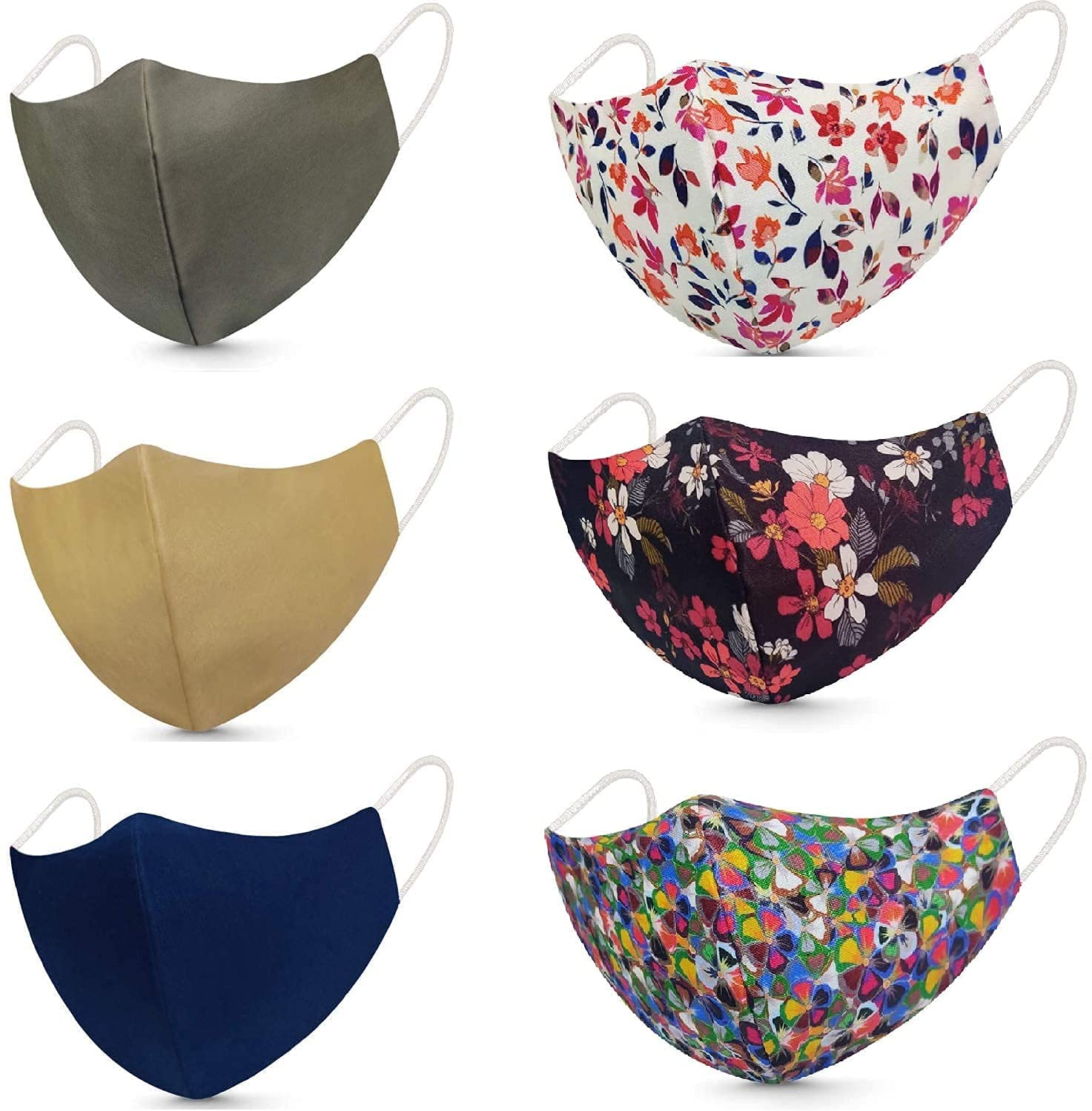 KHODIYAR 6-Pack Cotton Face Masks for Women & Men - 3-Layer Breathable, Washable, Lightweight & Comfortable - Printed & Plain Designs - Ideal for Daily Use, Travel, Work & Outdoor Activities