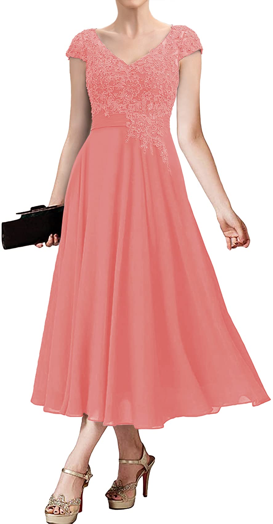 Elegant Chiffon Mother of The Bride Dress with Lace Detail - Tea Length Evening Gown for Wedding Guest - Perfect for Formal Events, Receptions & Special Occasions