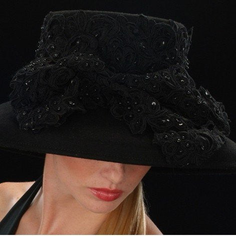 F3002 Women's Black Beaded Lace Dress Hat for Fall & Winter | Elegant Church, Wedding & Party Accessories