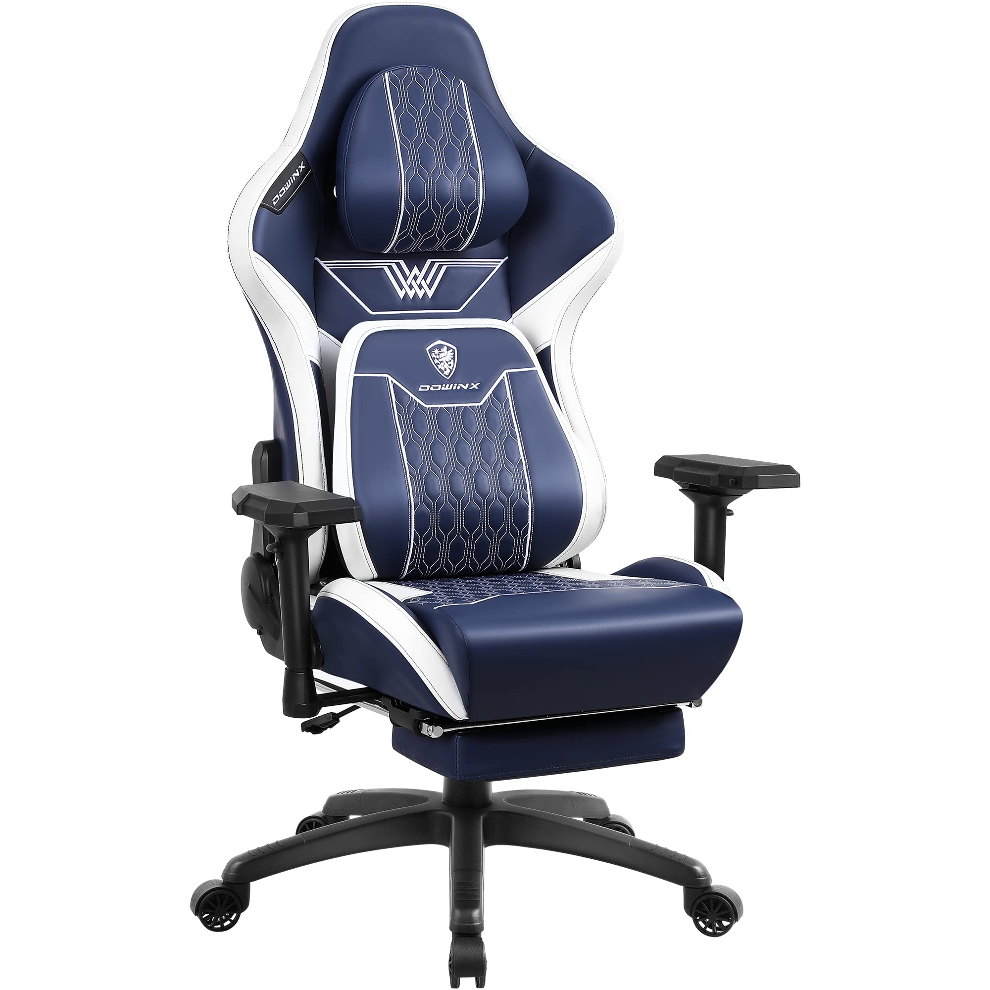 Dowinx Big and Tall Gaming Chair with Footrest - Ergonomic High Back Office Chair with Adjustable Headrest & Lumbar Support, 4D Armrests Computer Desk Chair for Adults - PU Leather Blue Gaming Chair for Home Office, Streaming & Esports