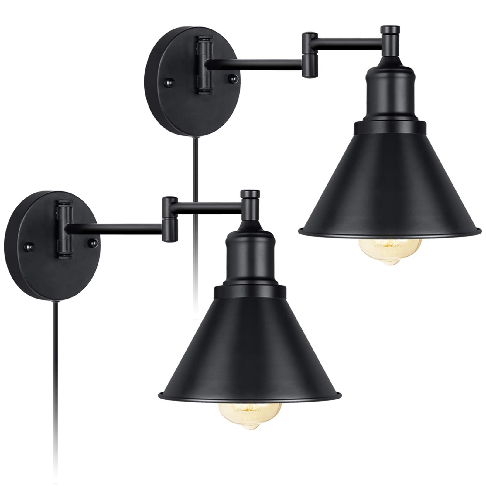 Industrial Swing Arm Wall Sconce Light Fixture - Plug-in Cord with On/Off Switch - Black Finish (2 Pack) - Perfect for Bedroom, Living Room, and Office Lighting