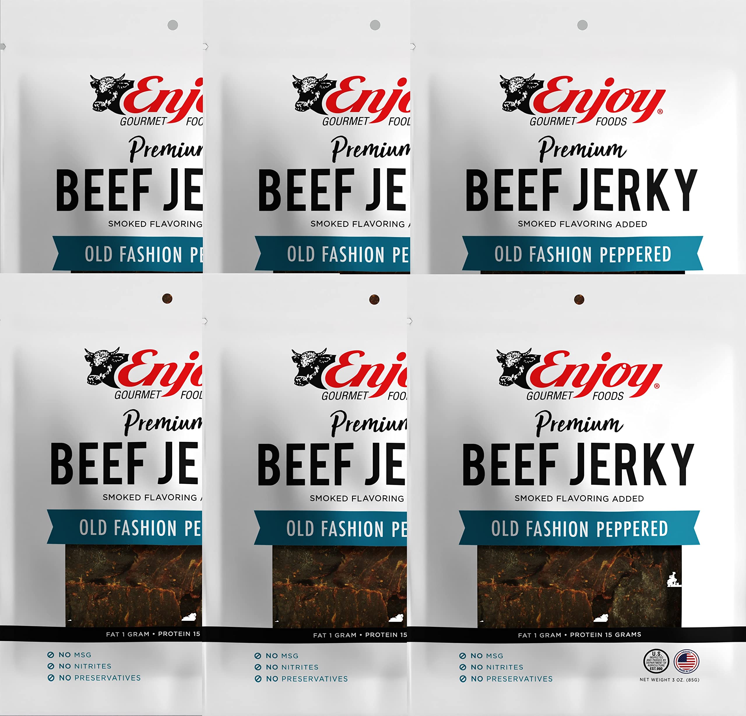 Premium Peppered Beef Jerky 3 oz (Pack of 6) | Traditional Old-Fashioned Style | USA Made | High Protein Low Fat Snack | No Preservatives, MSG or Nitrites | Resealable Bags for Freshness | Perfect for Hiking, Camping & On-The-Go Nutrition