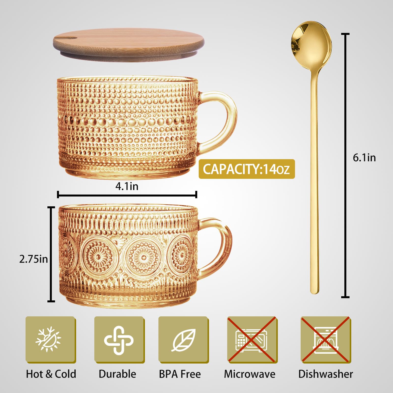Ollieroo 4-Piece Vintage Coffee Mug Set with Lids & Spoons - 14oz Glass Cups for Iced Coffee, Tea, Milk, Yogurt - Perfect for Coffee Bars, Breakfast, Office & Home Use - Amber Drinkware Collection